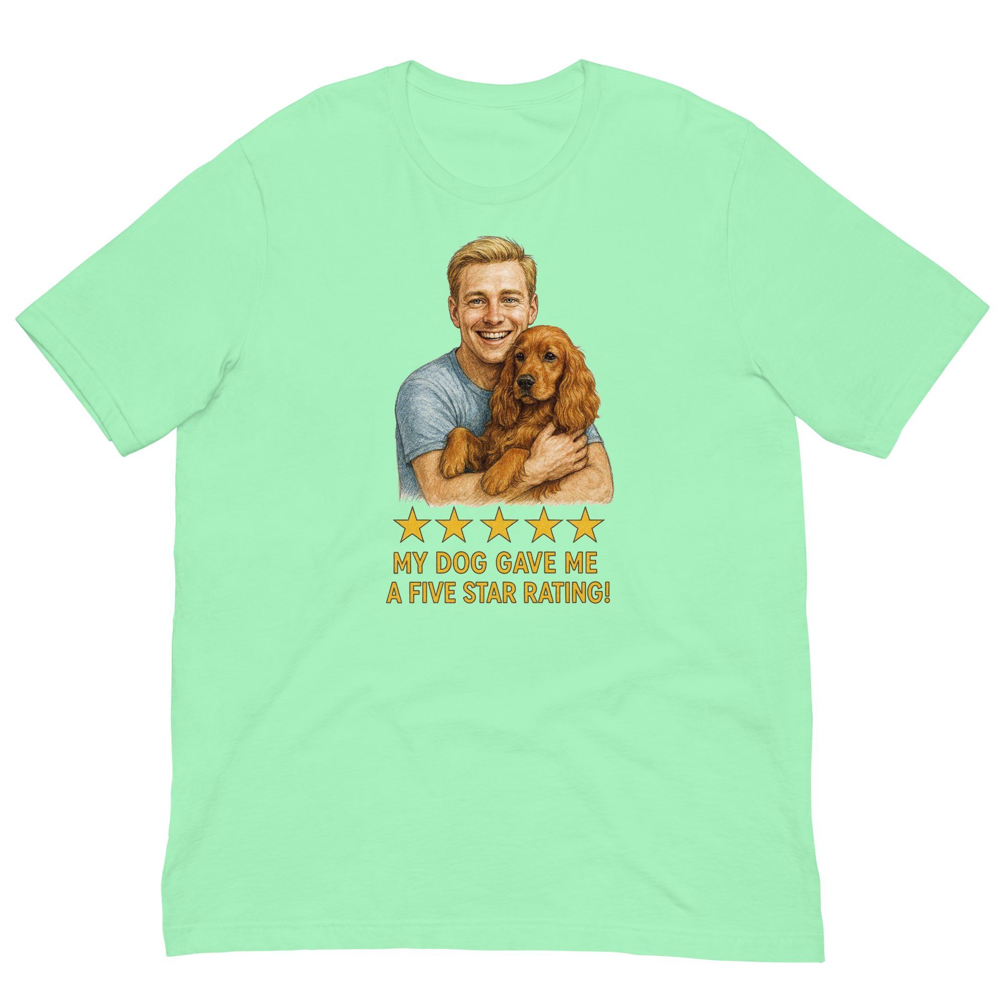 Blonde Man with Cocker Spaniel graphic tee.