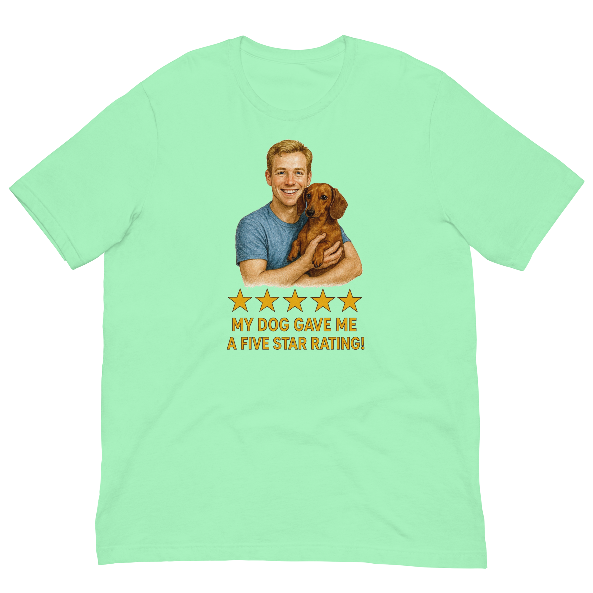 Blonde Man with Dachshund graphic tee.