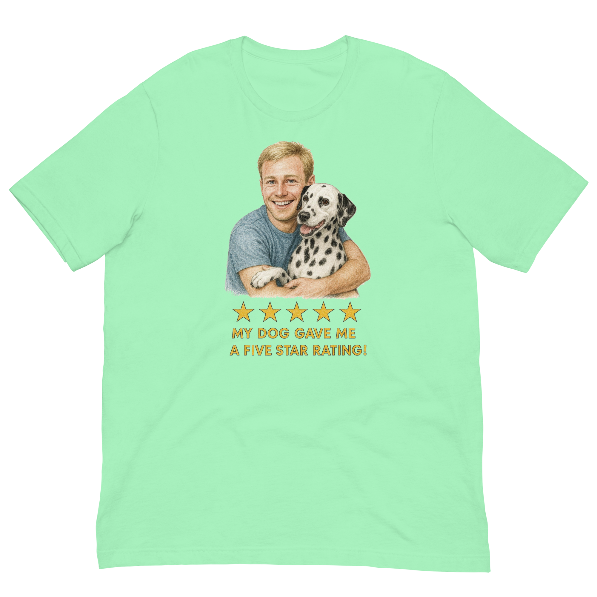 Blonde Man with Dalmatian graphic tee.