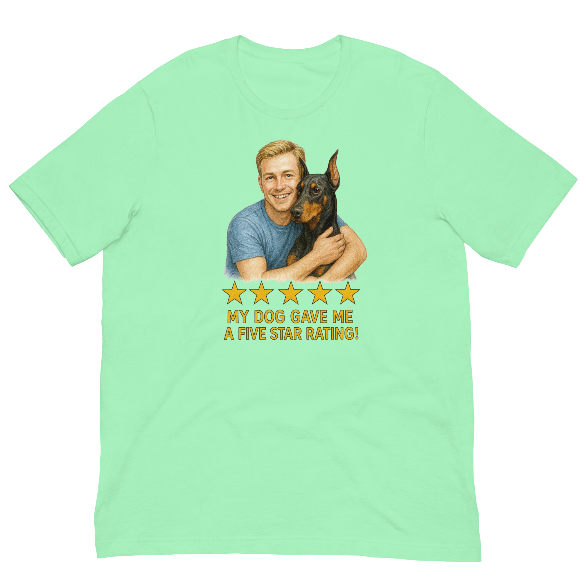 Blonde Man with Doberman Pinscher graphic tee.