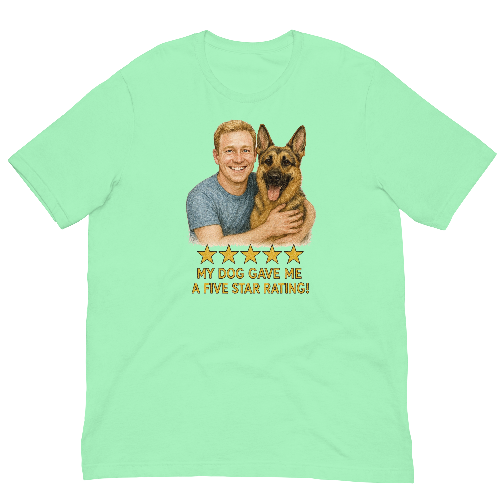 Blonde Man with German Shepherd graphic tee.
