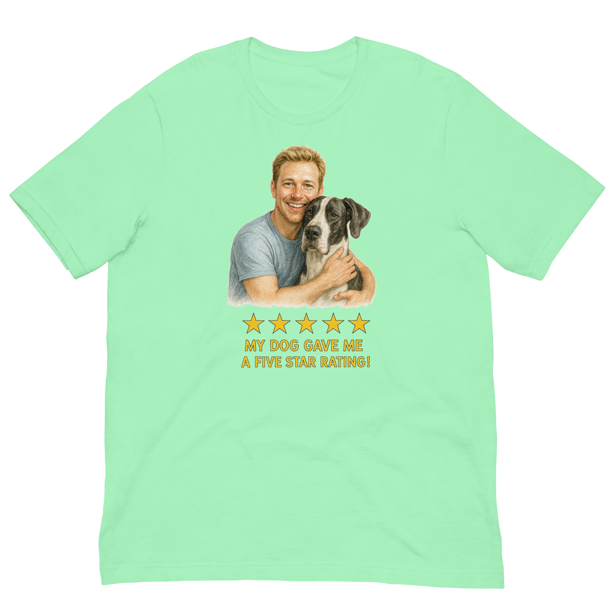 Blonde Man with Great Dane graphic tee.