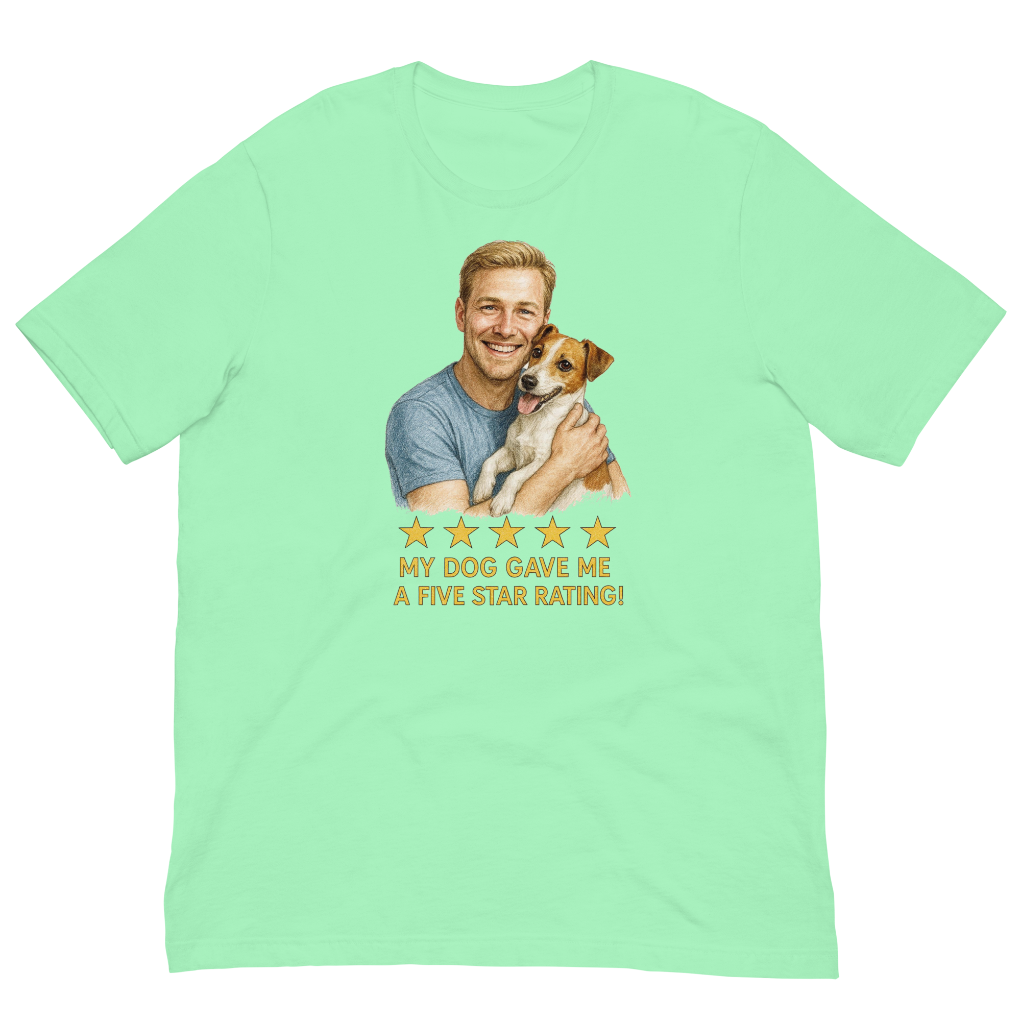 Blonde Man with Jack Russell Terrier graphic tee.