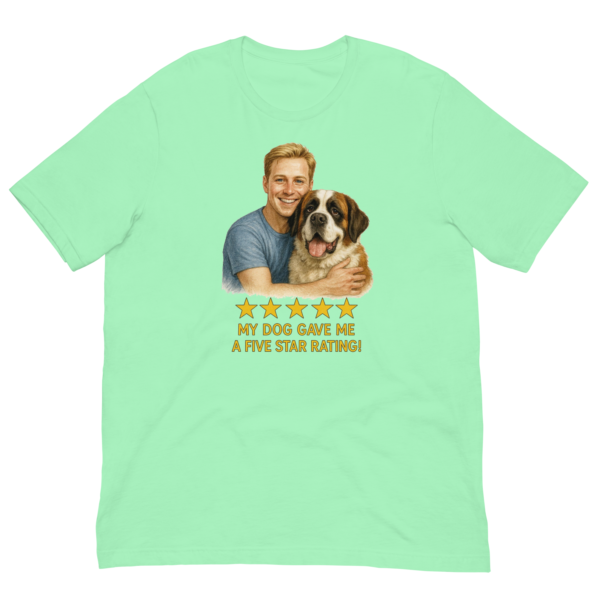 Blonde Man with Saint Bernard graphic tee.