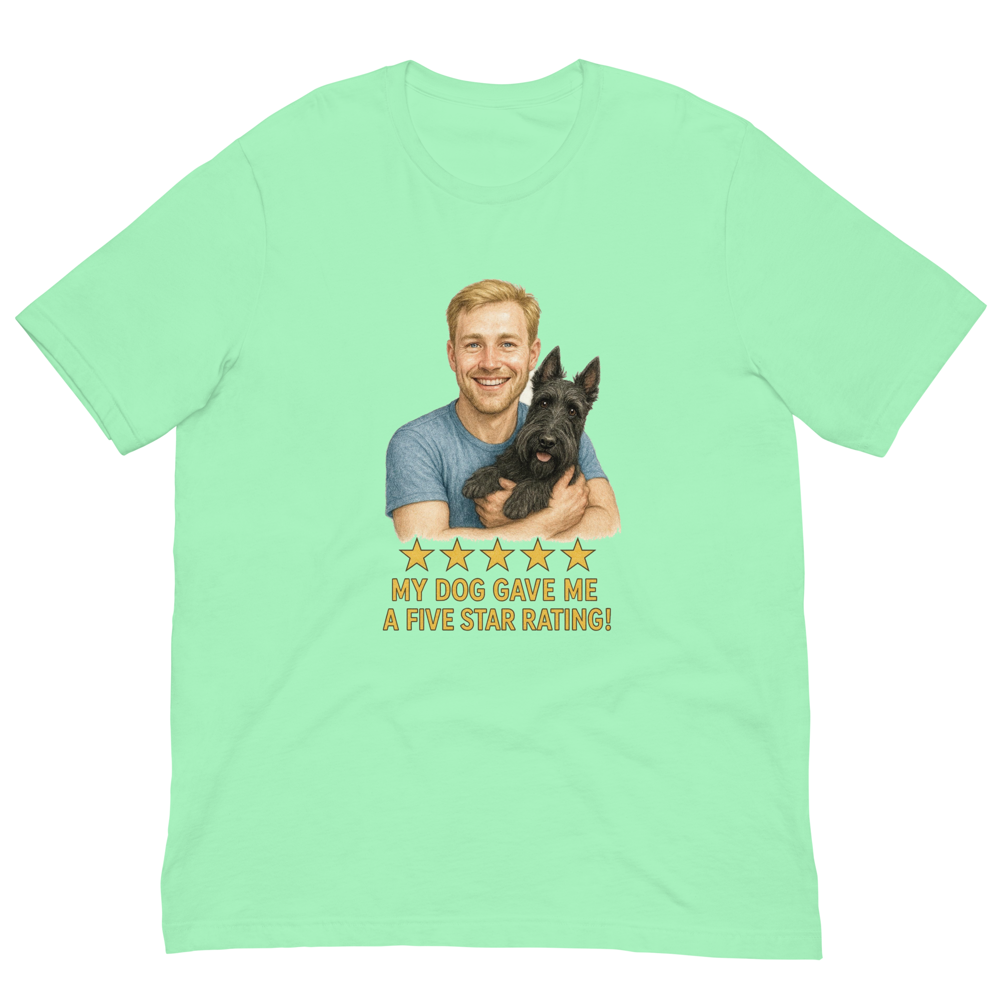 Blonde Man with Scottie graphic tee.