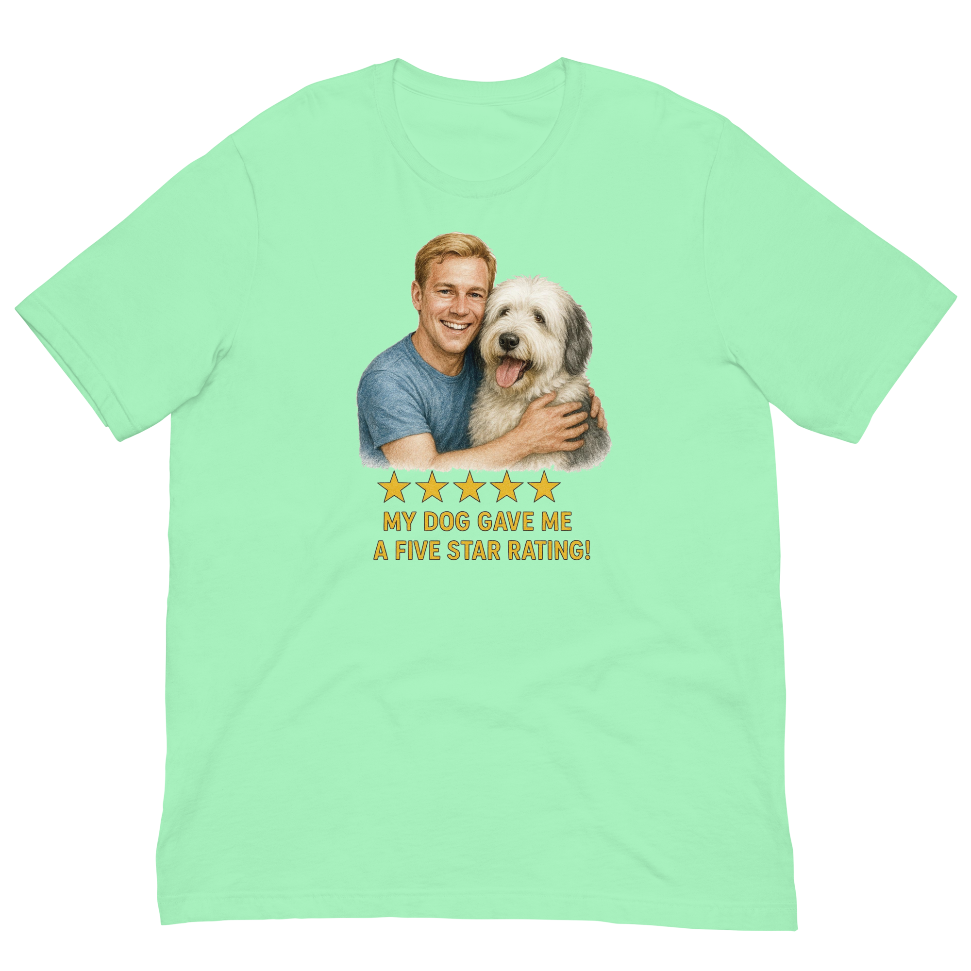 Blonde Man with Sheepdog graphic tee.