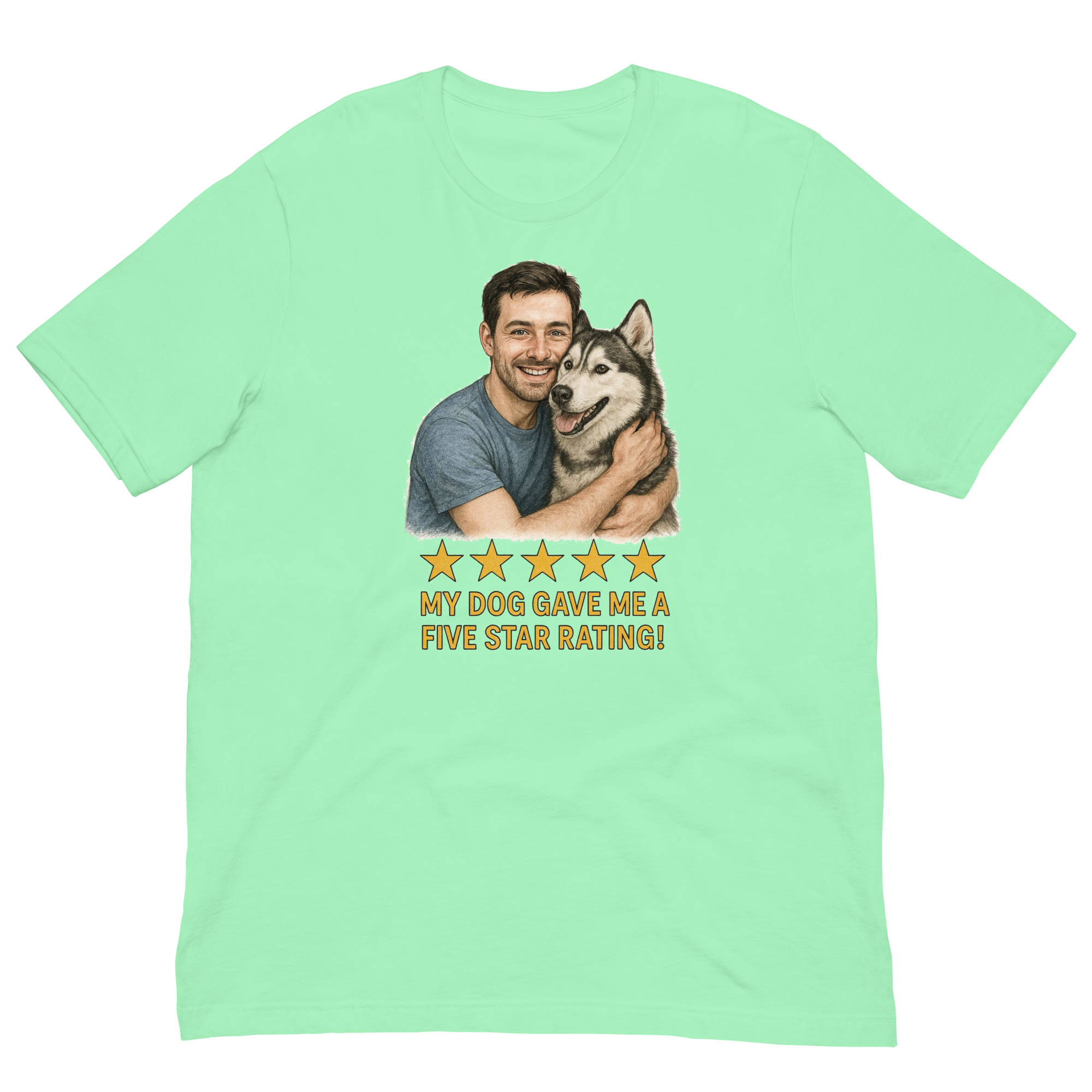 Brunette Man with Alaskan Husky graphic tee.