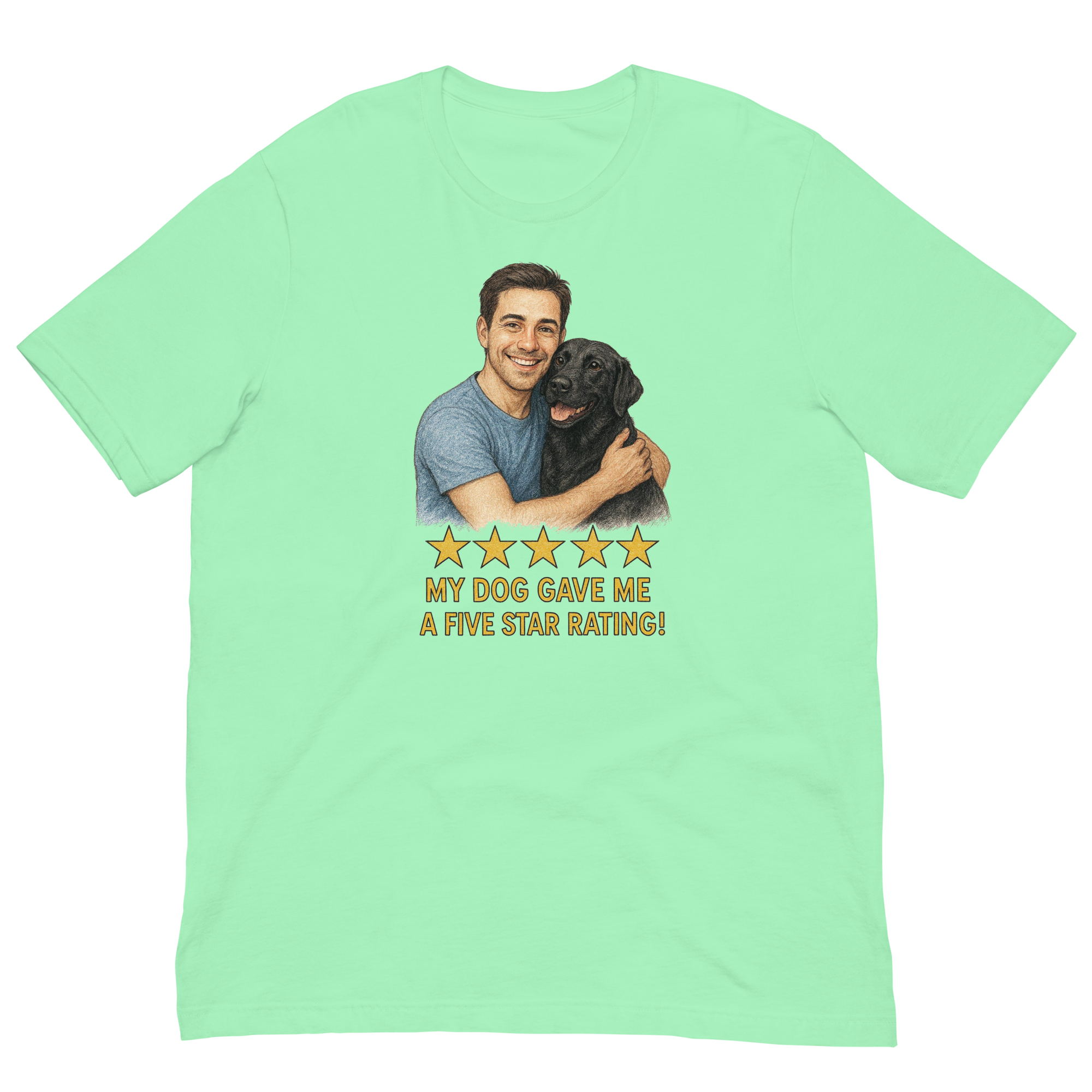 Brunette Man with Black Labrador graphic tee.