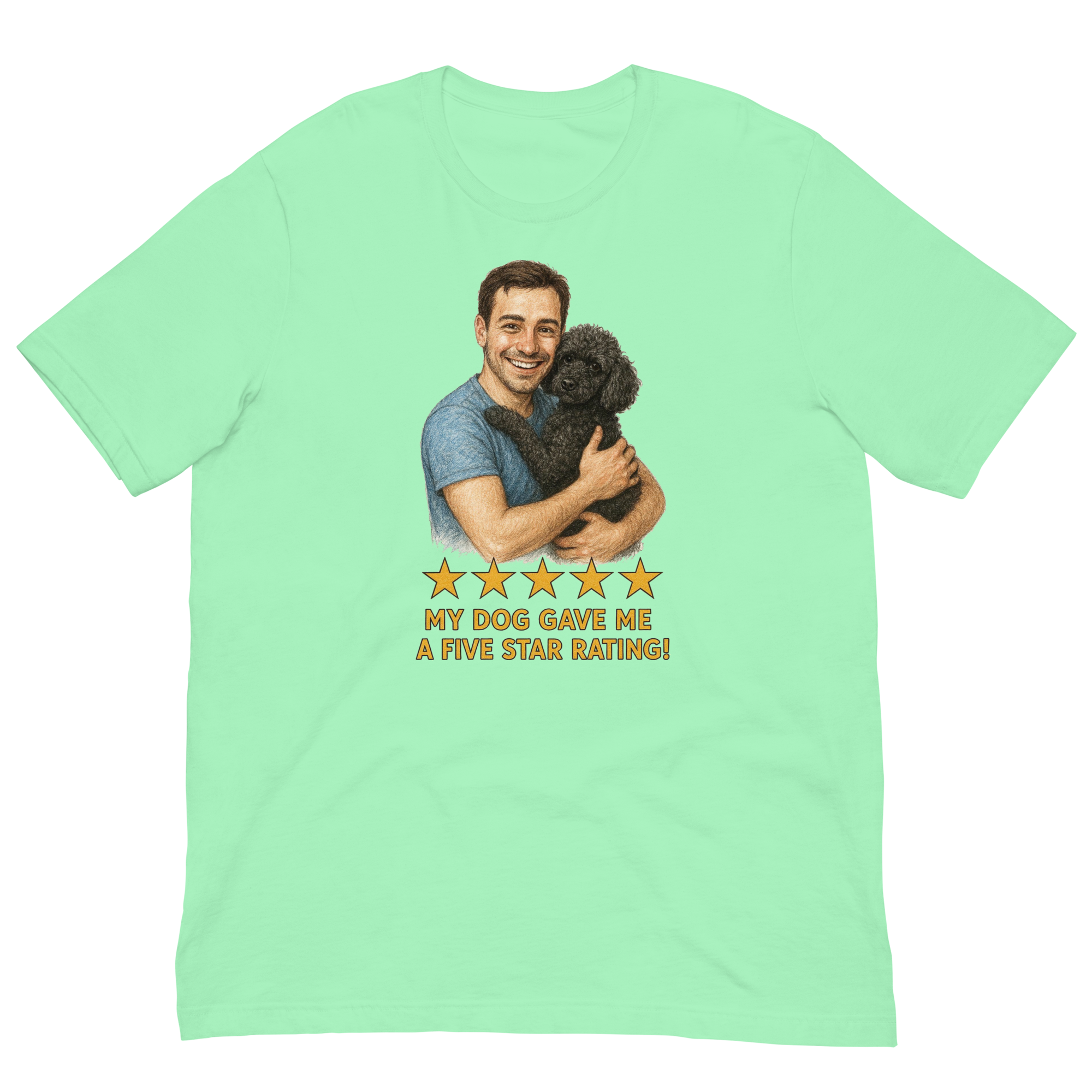 Brunette Man with Black Poodle graphic tee.