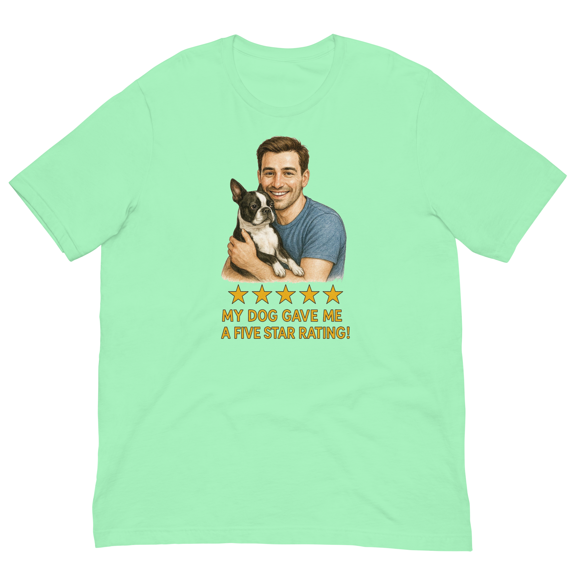 Brunette Man with Boston Terrier graphic tee.