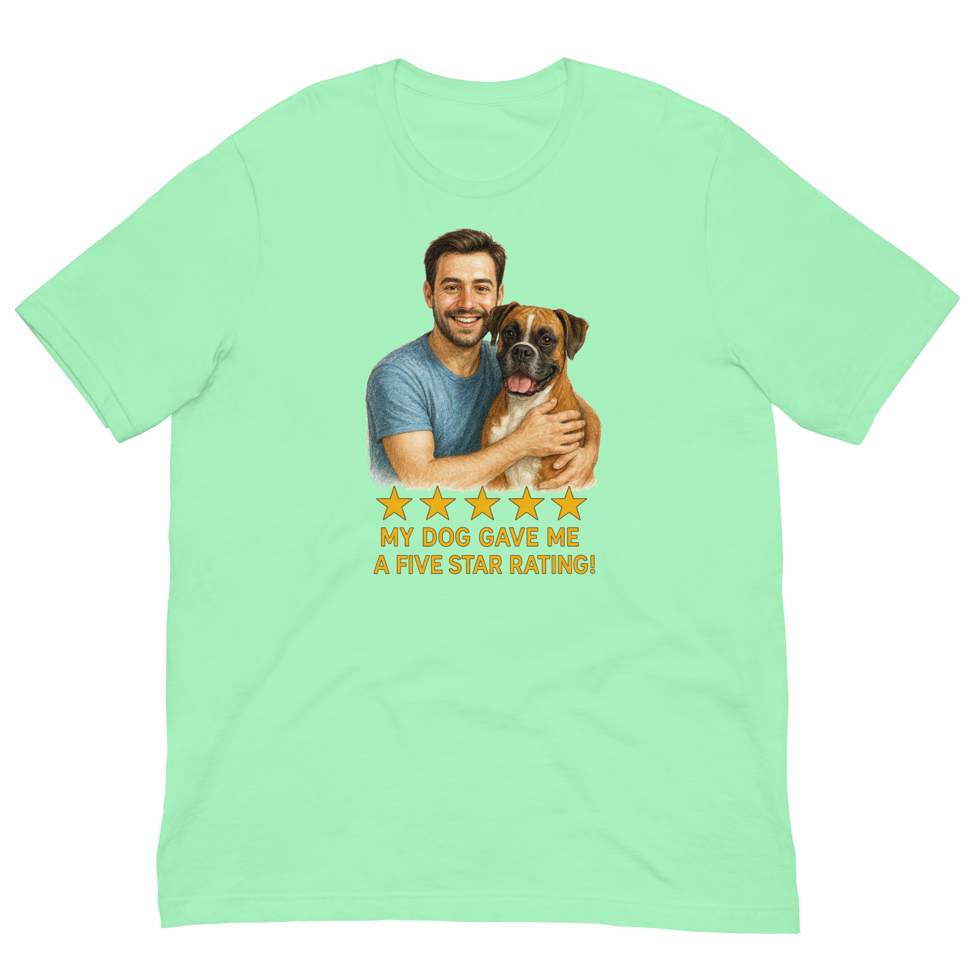 Brunette Man with Boxer graphic tee.