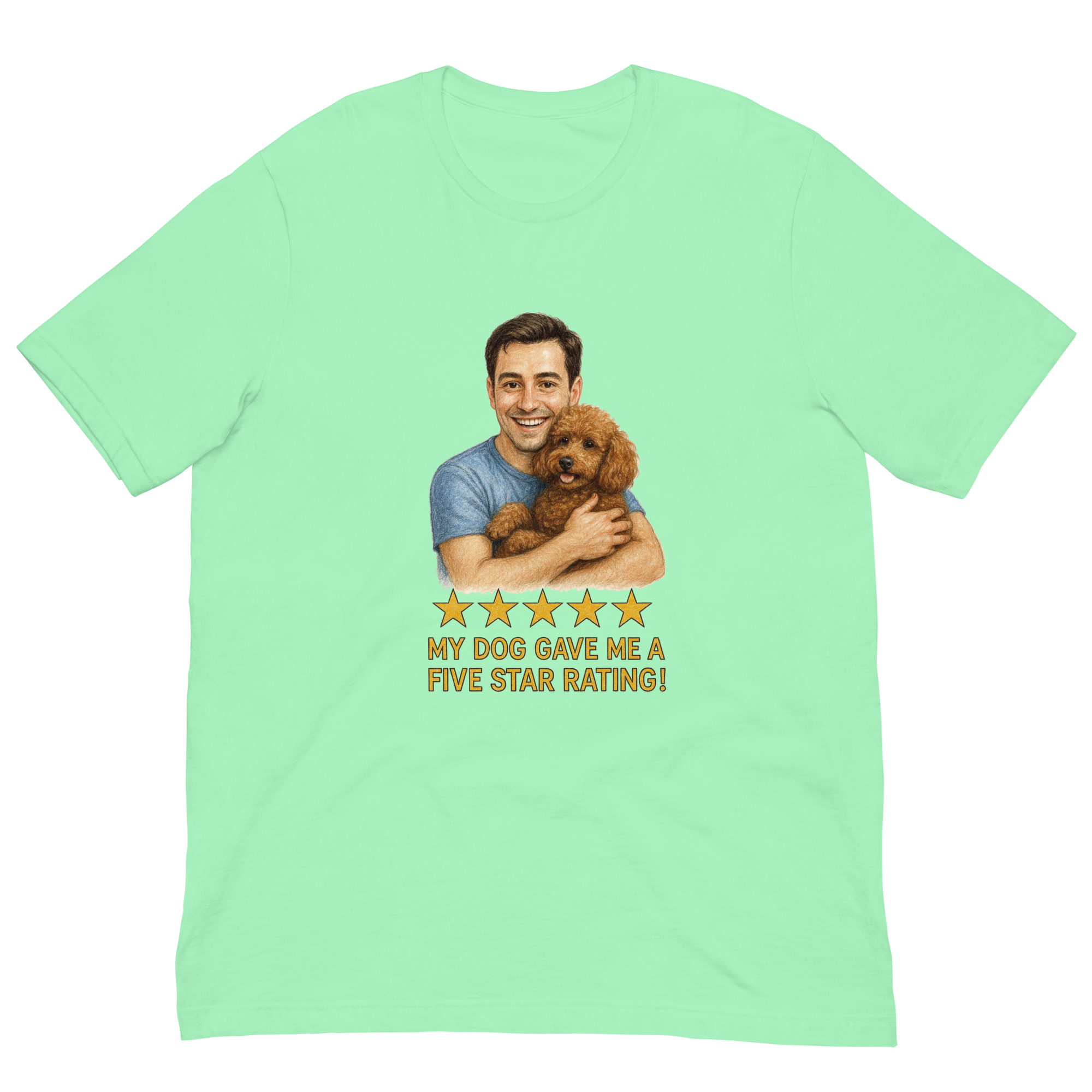 Brunette Man with Brown Poodle graphic tee.