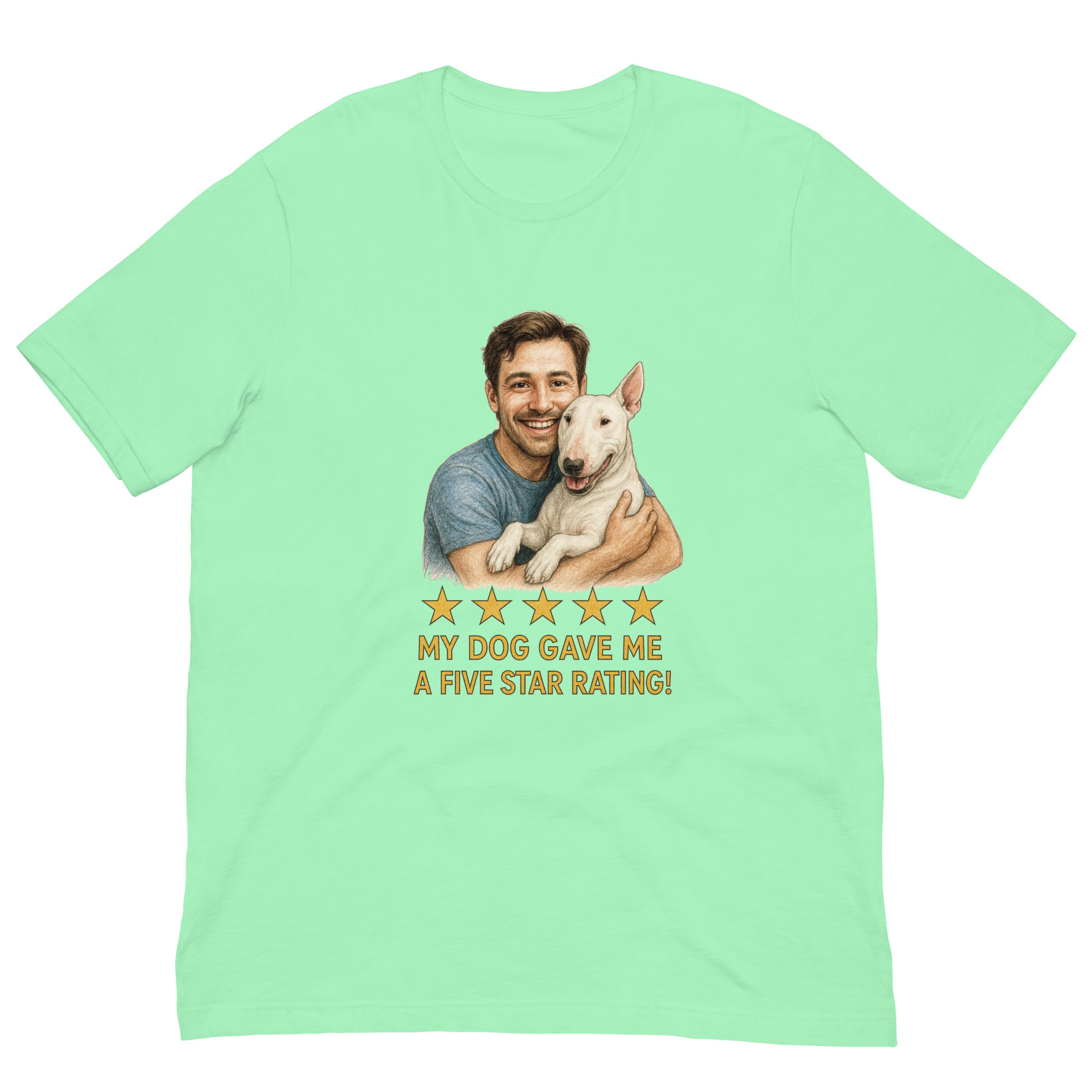 Brunette Man with Bull Terrier graphic tee.