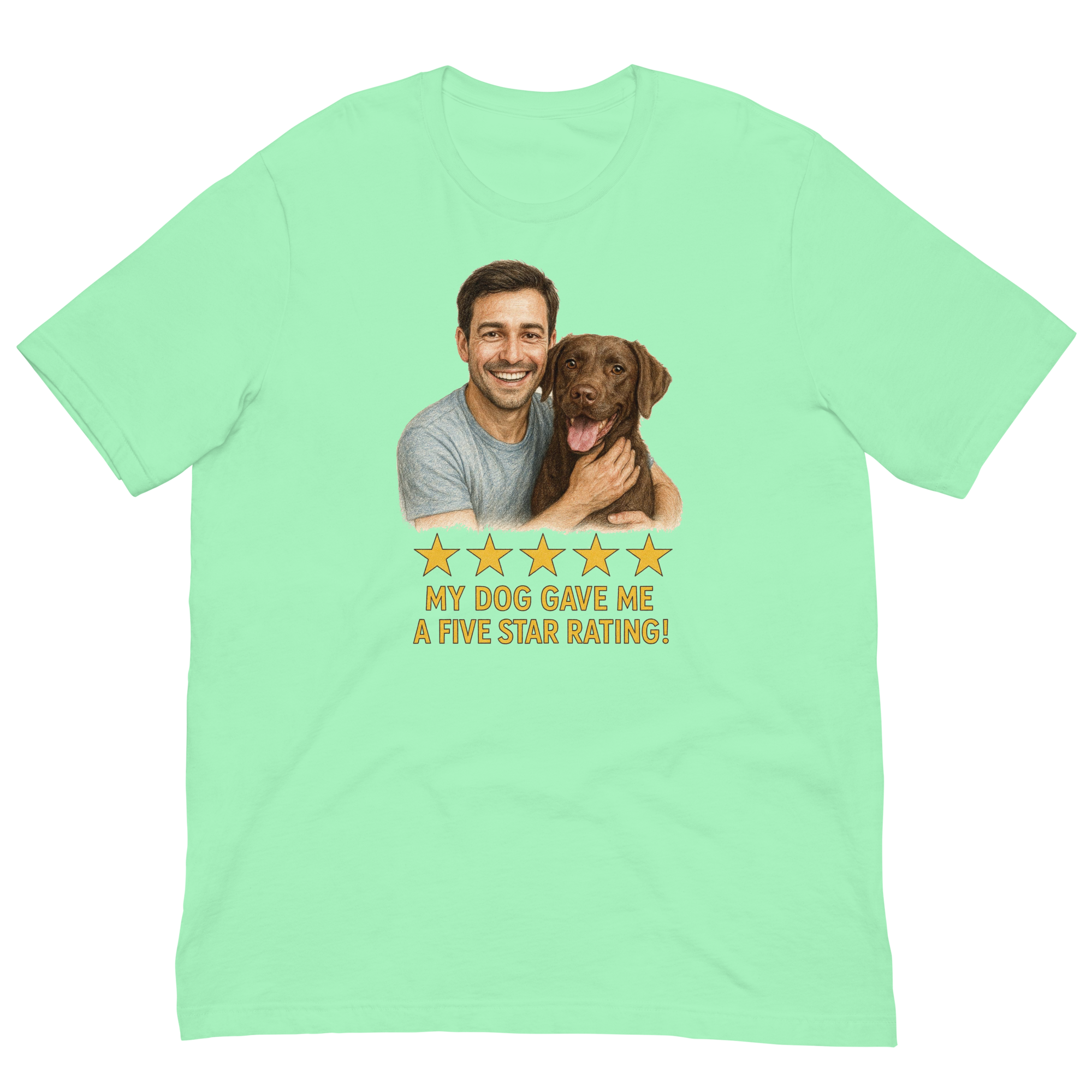 Brunette Man with Chocolate Labrador graphic tee.