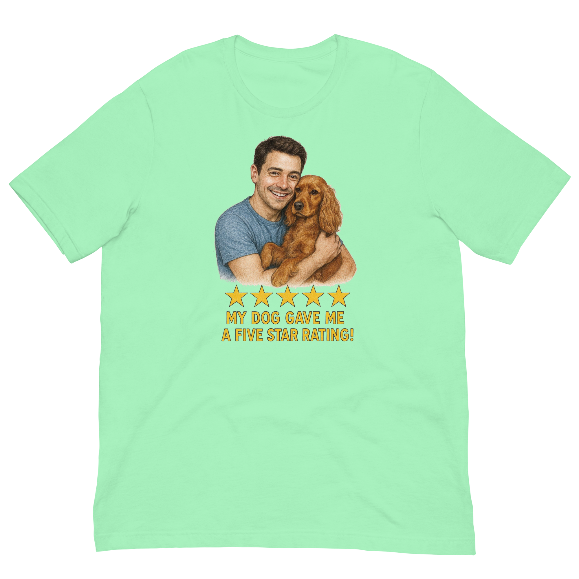 Brunette Man with Cocker Spaniel graphic tee.