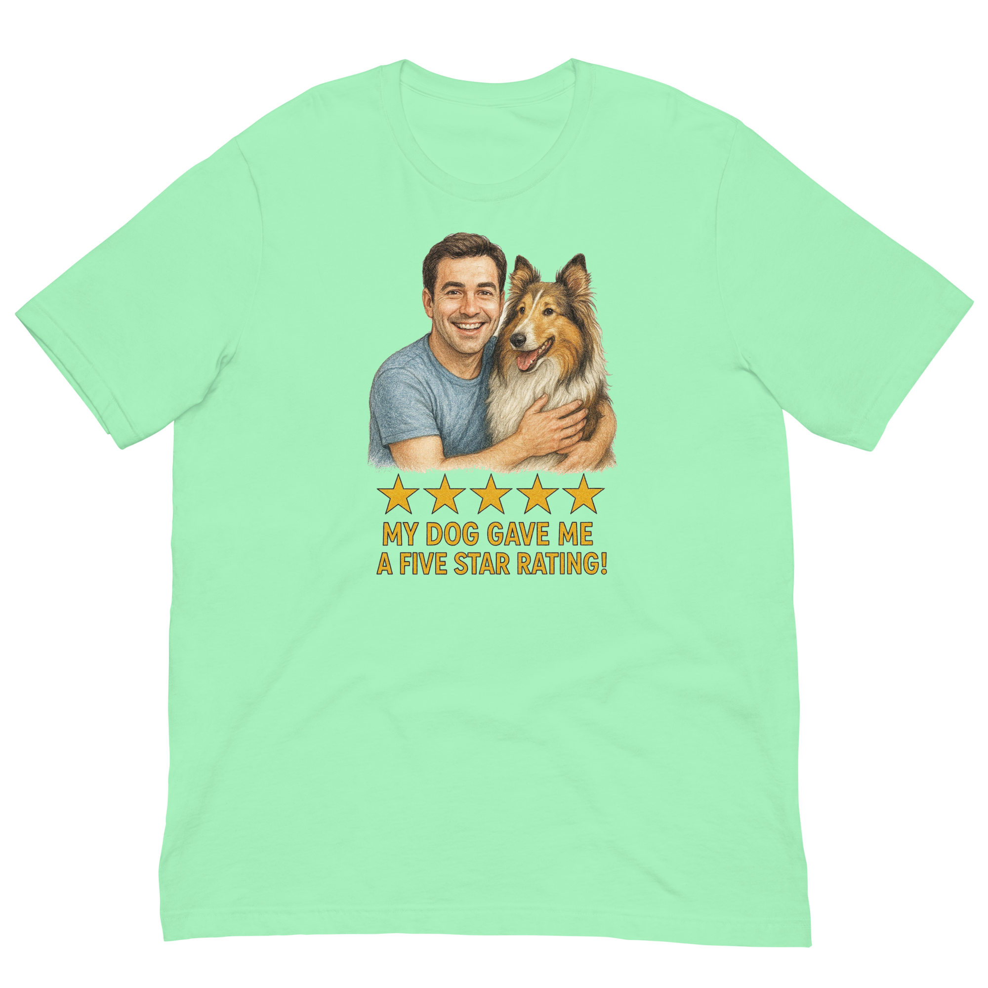 Brunette Man with Collie graphic tee.