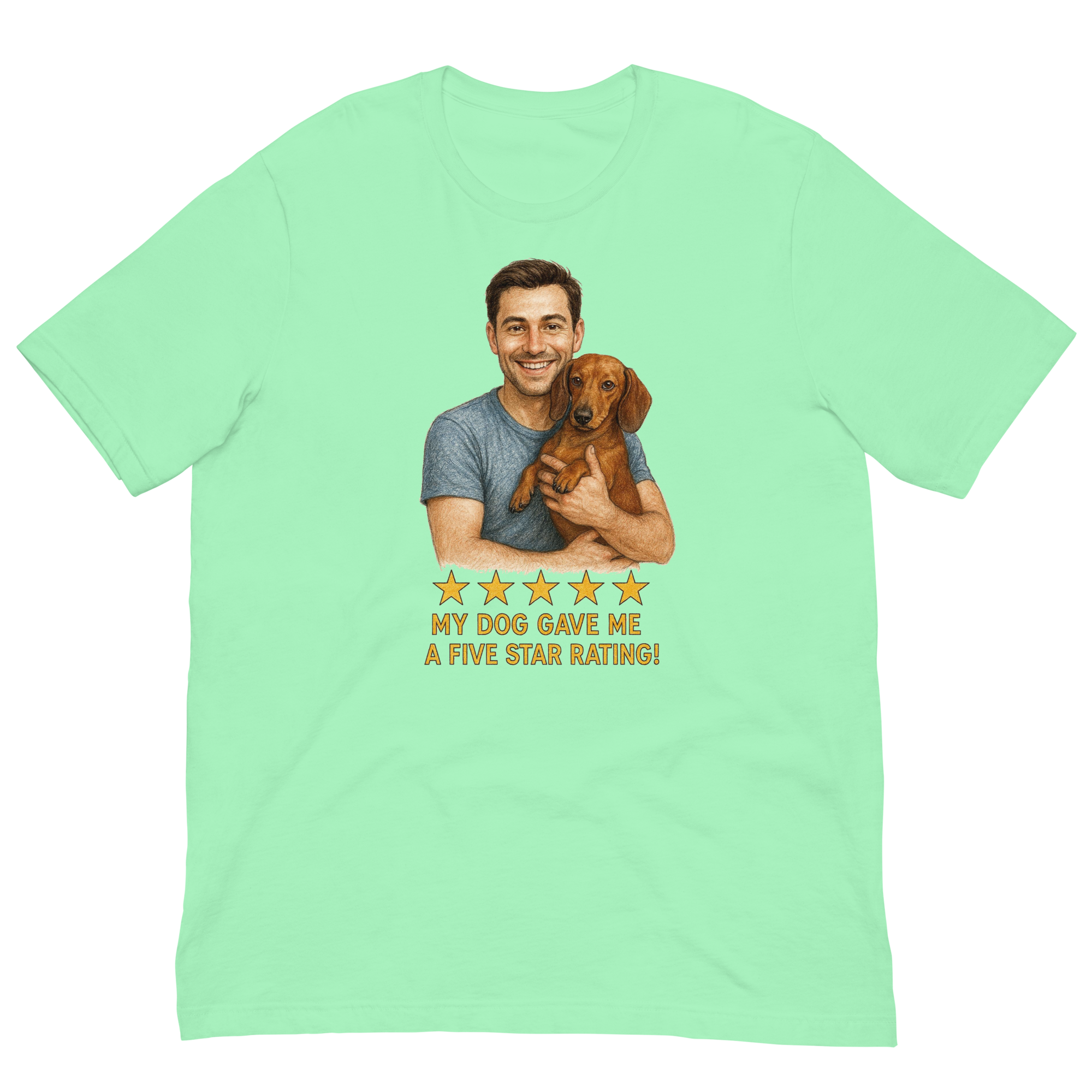 Brunette Man with Dachshund graphic tee.
