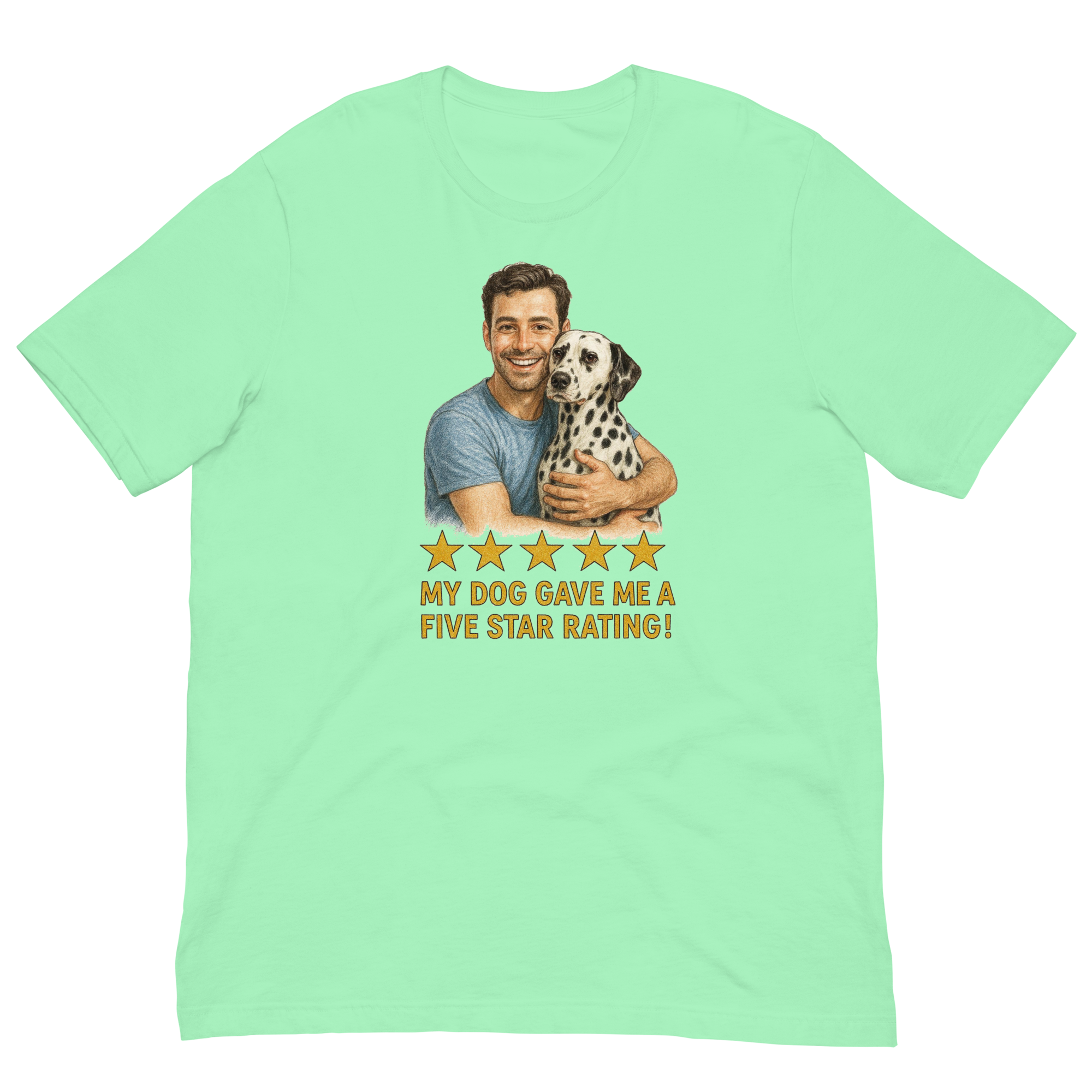 Brunette Man with Dalmatian graphic tee.