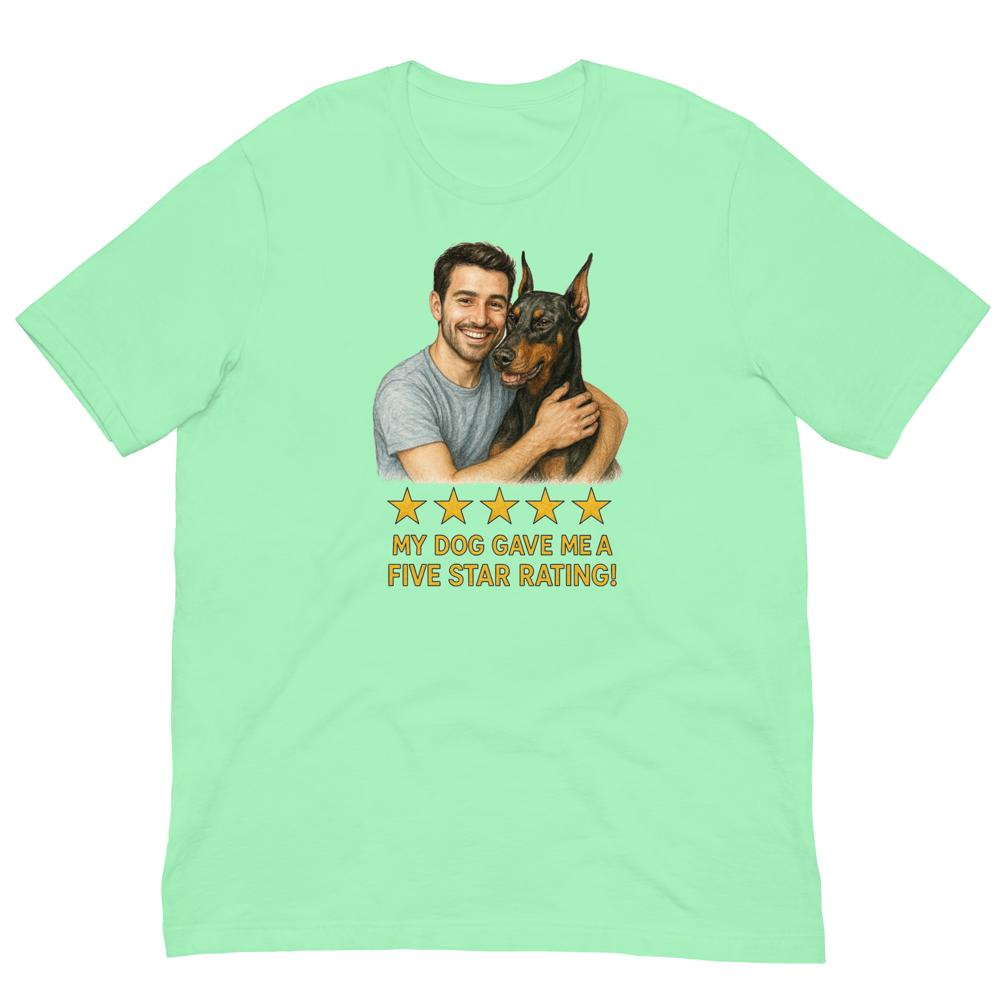 Brunette Man with Doberman Pinscher graphic tee.