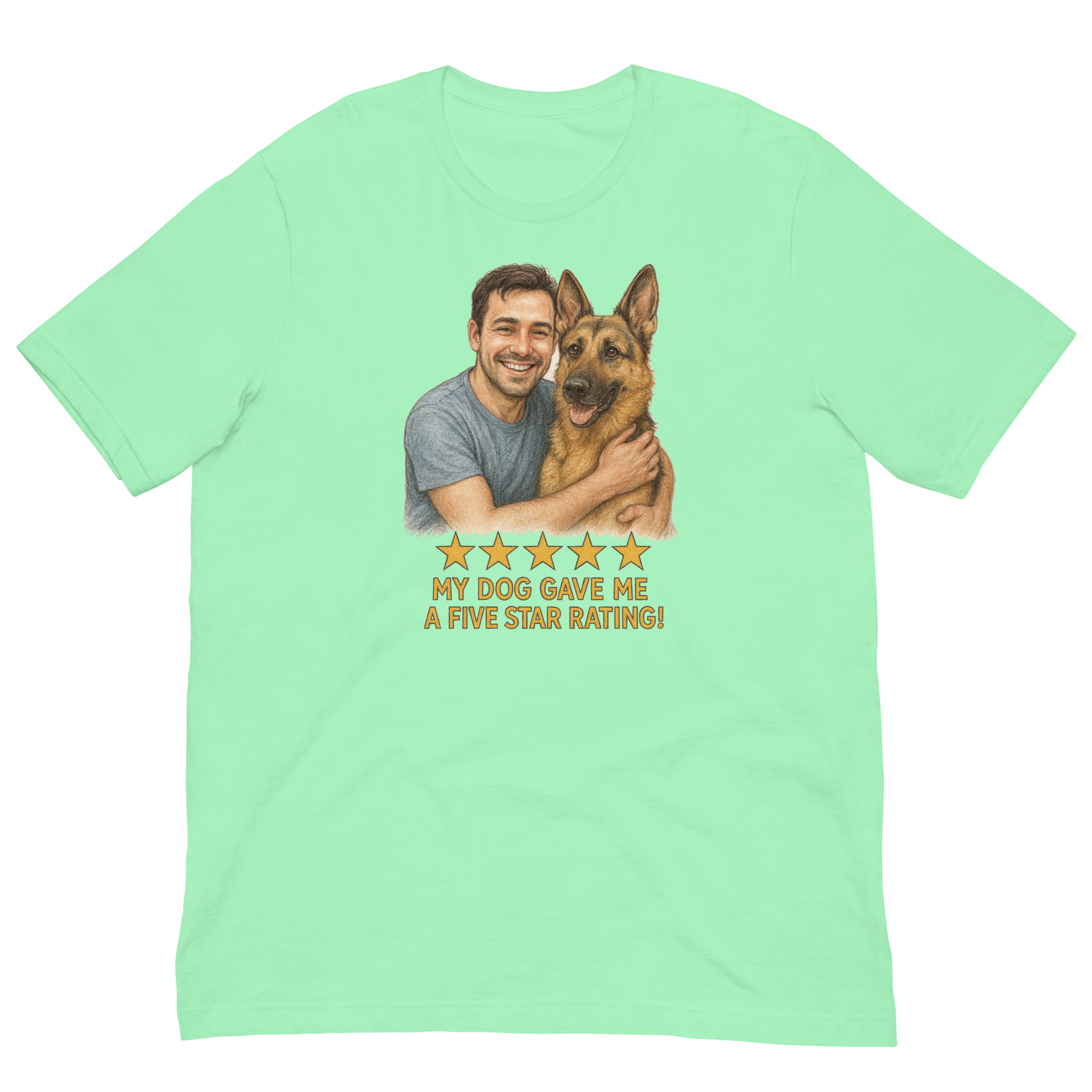 Brunette Man with German Shepherd graphic tee.