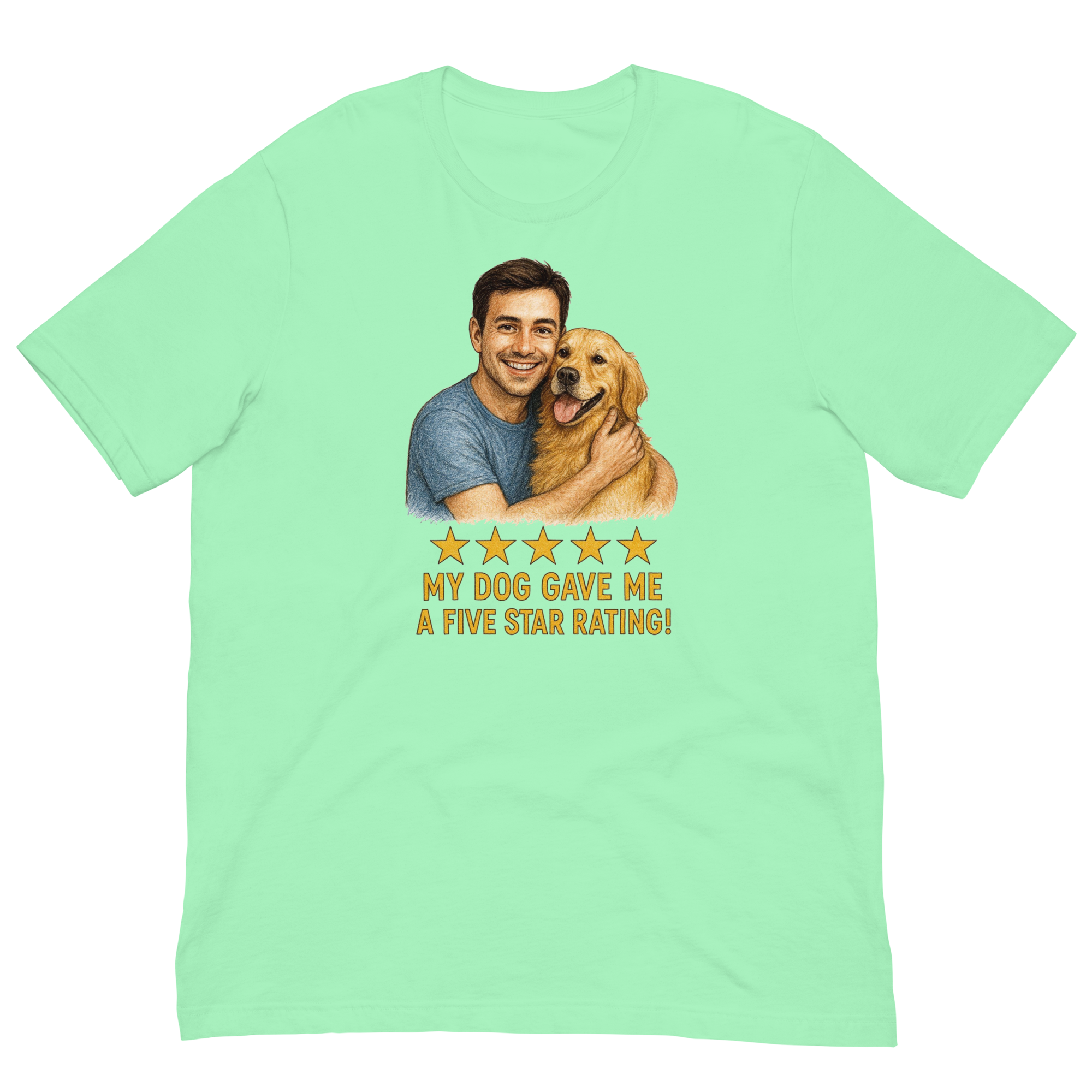 Brunette Man with Golden Retriever graphic tee.