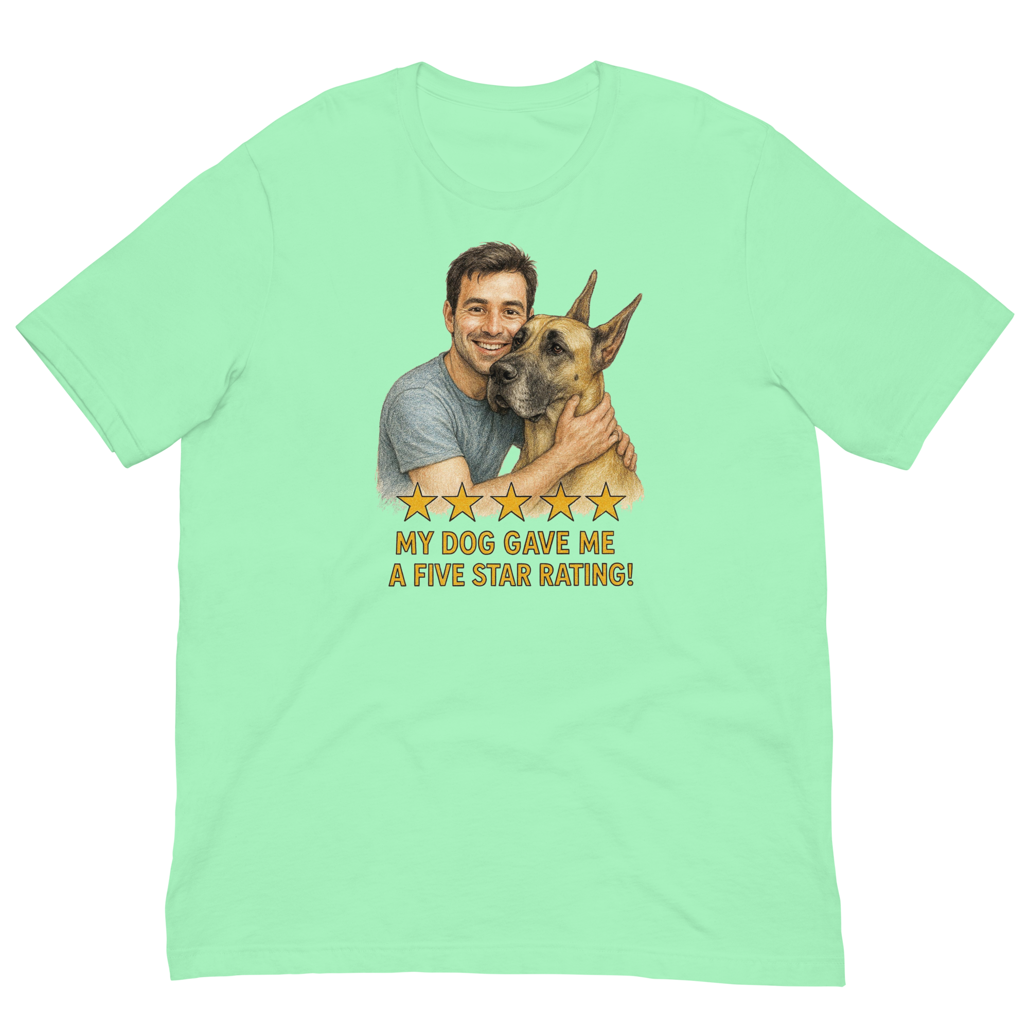Brunette Man with Great Dane graphic tee.