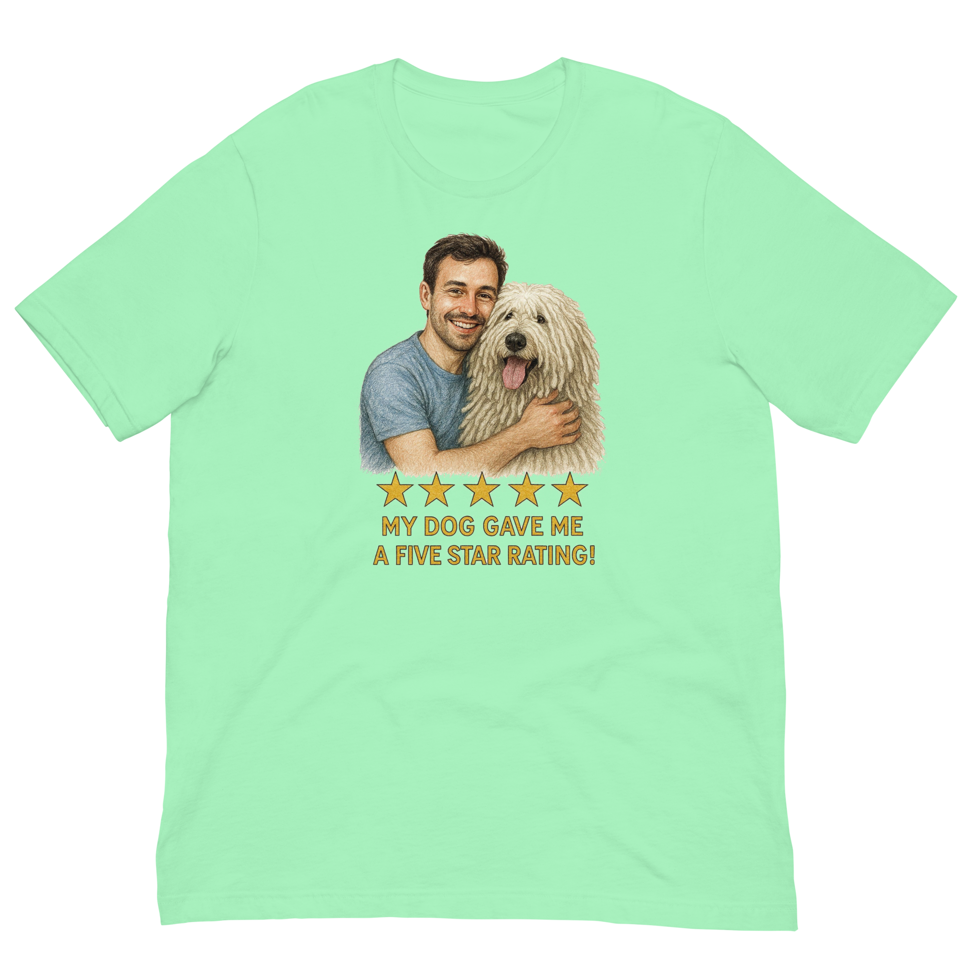 Brunette Man with Komondor graphic tee.