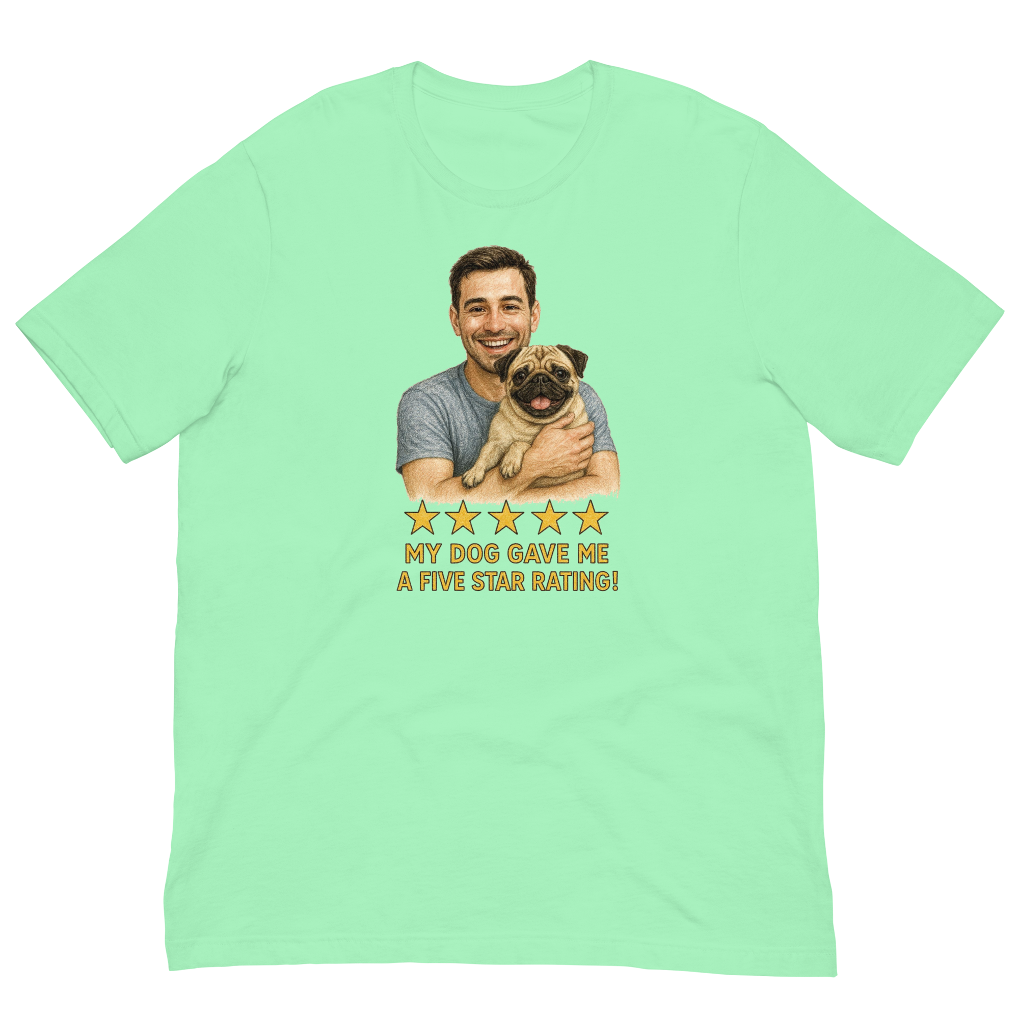 Brunette Man with Pug graphic tee.