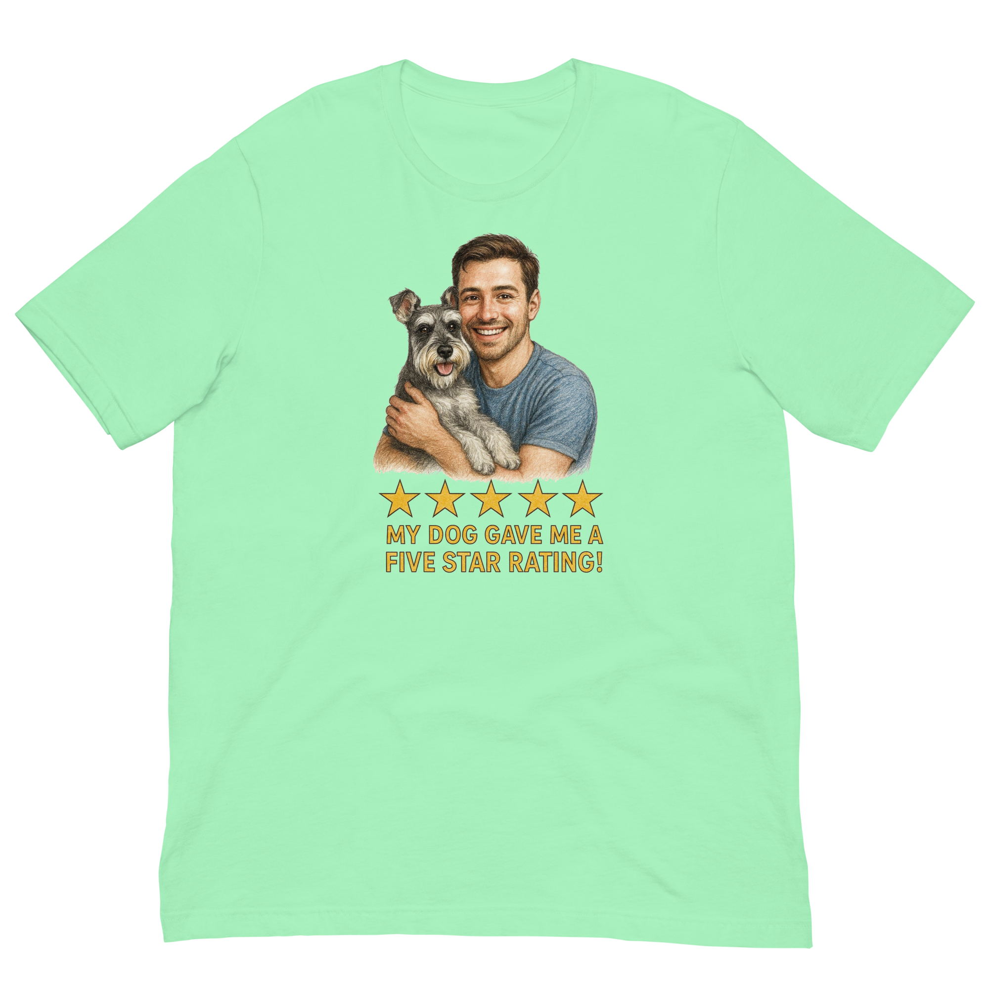 Brunette Man with Schnauzer graphic tee.