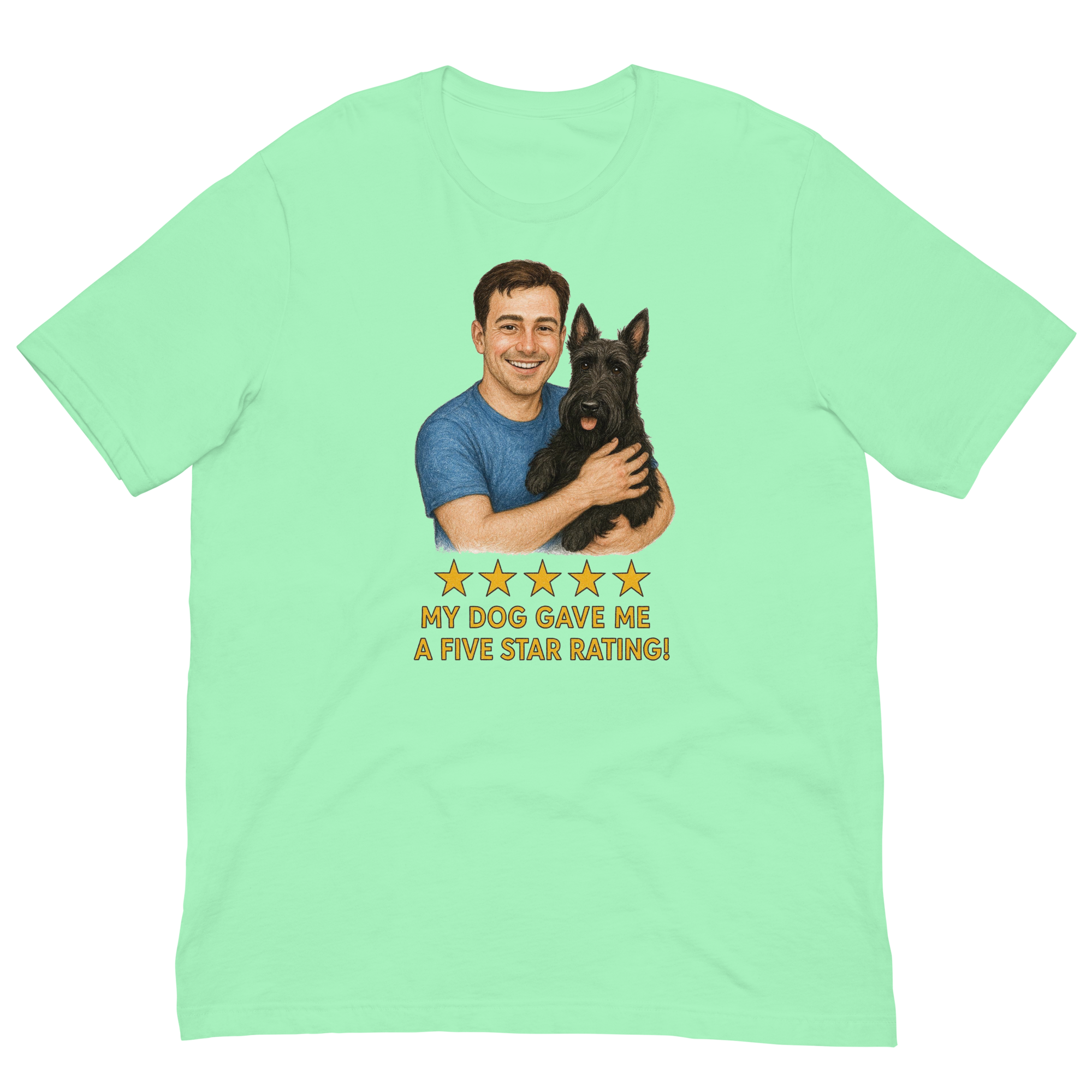 Brunette Man with Scottie graphic tee.