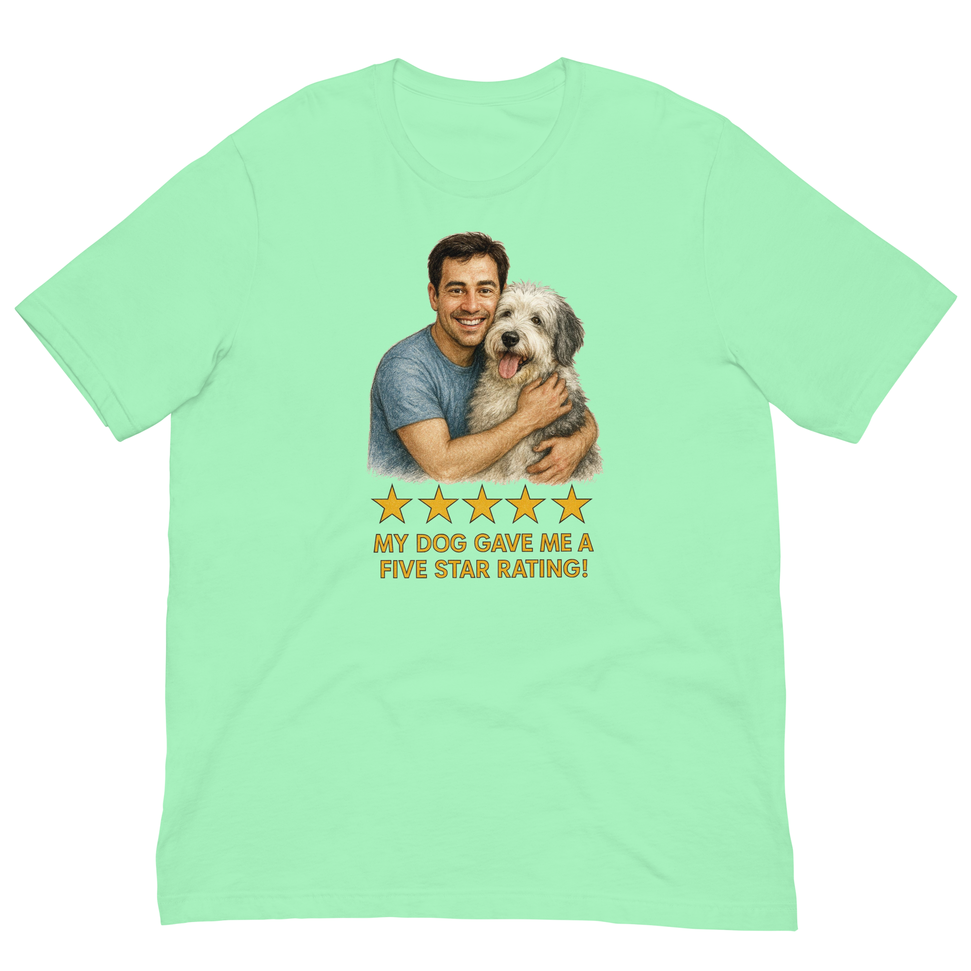 Brunette Man with Sheepdog graphic tee.
