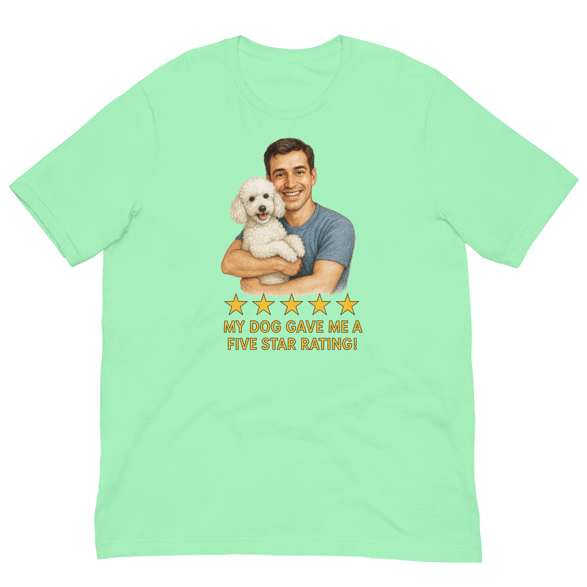 Brunette Man with White Poodle graphic tee.