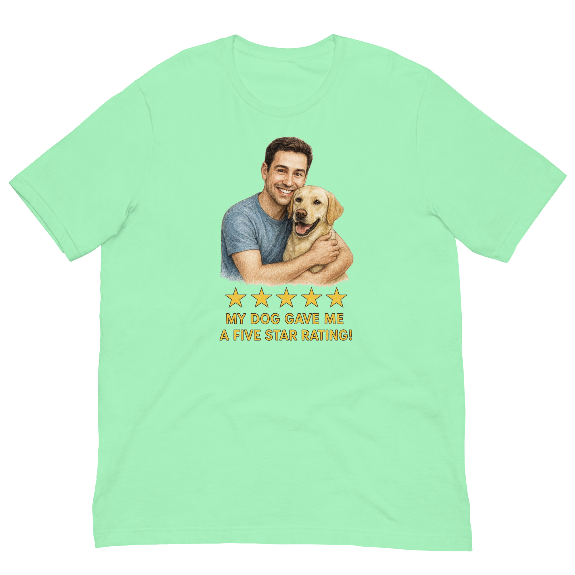 Brunette Man with Yellow Labrador graphic tee.