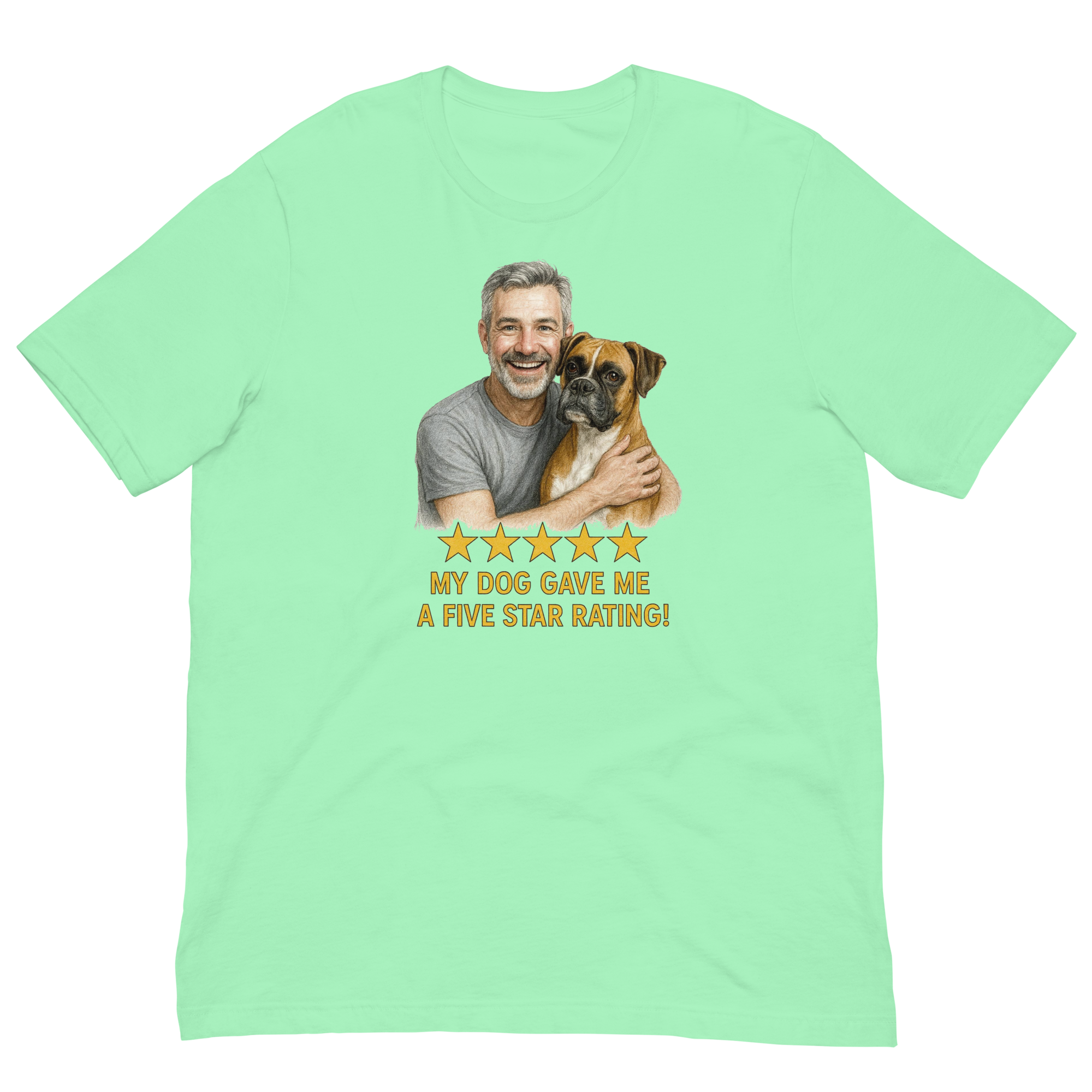 Salt & Pepper Man with Boxer graphic tee.