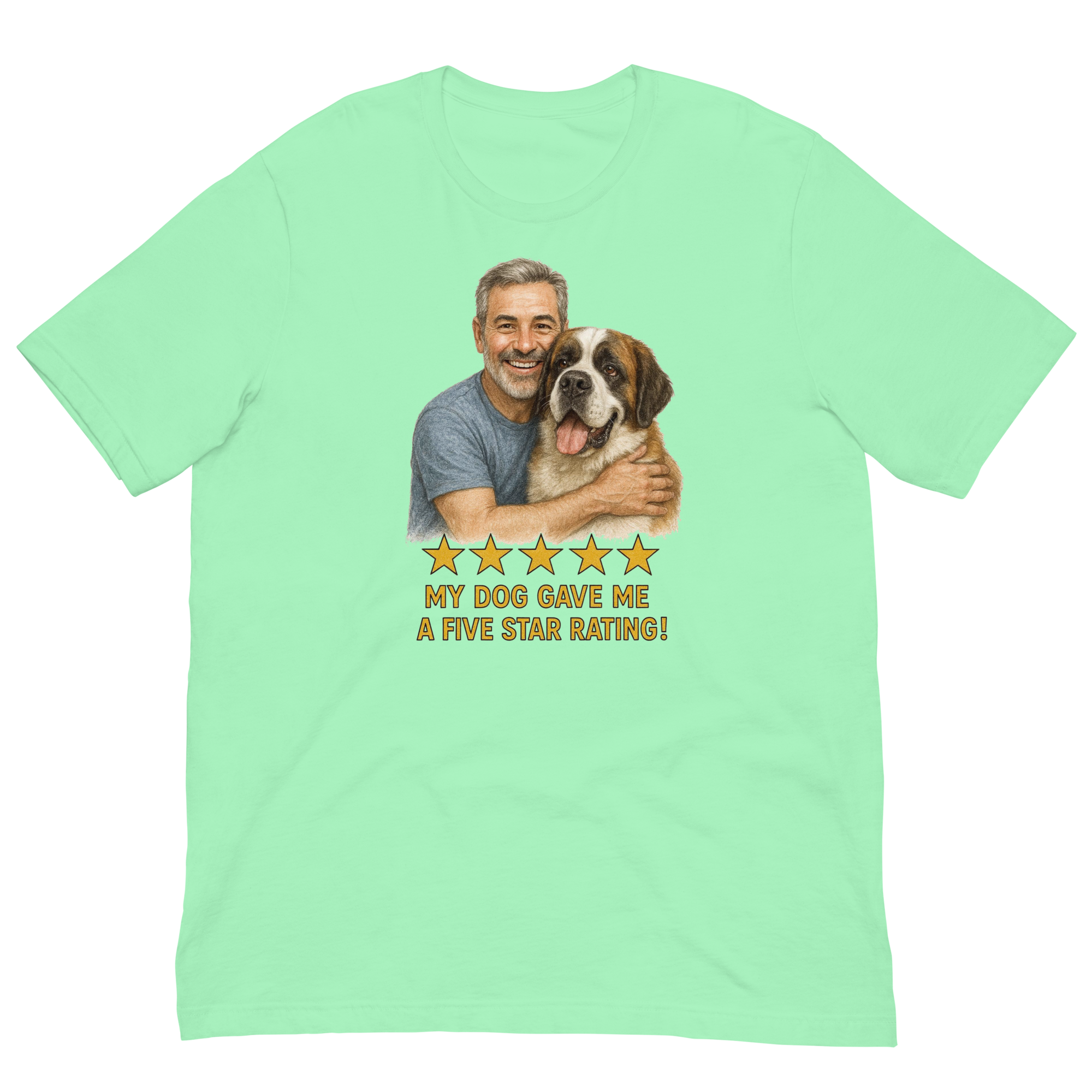 Salt & Pepper Man with Saint Bernard graphic tee.