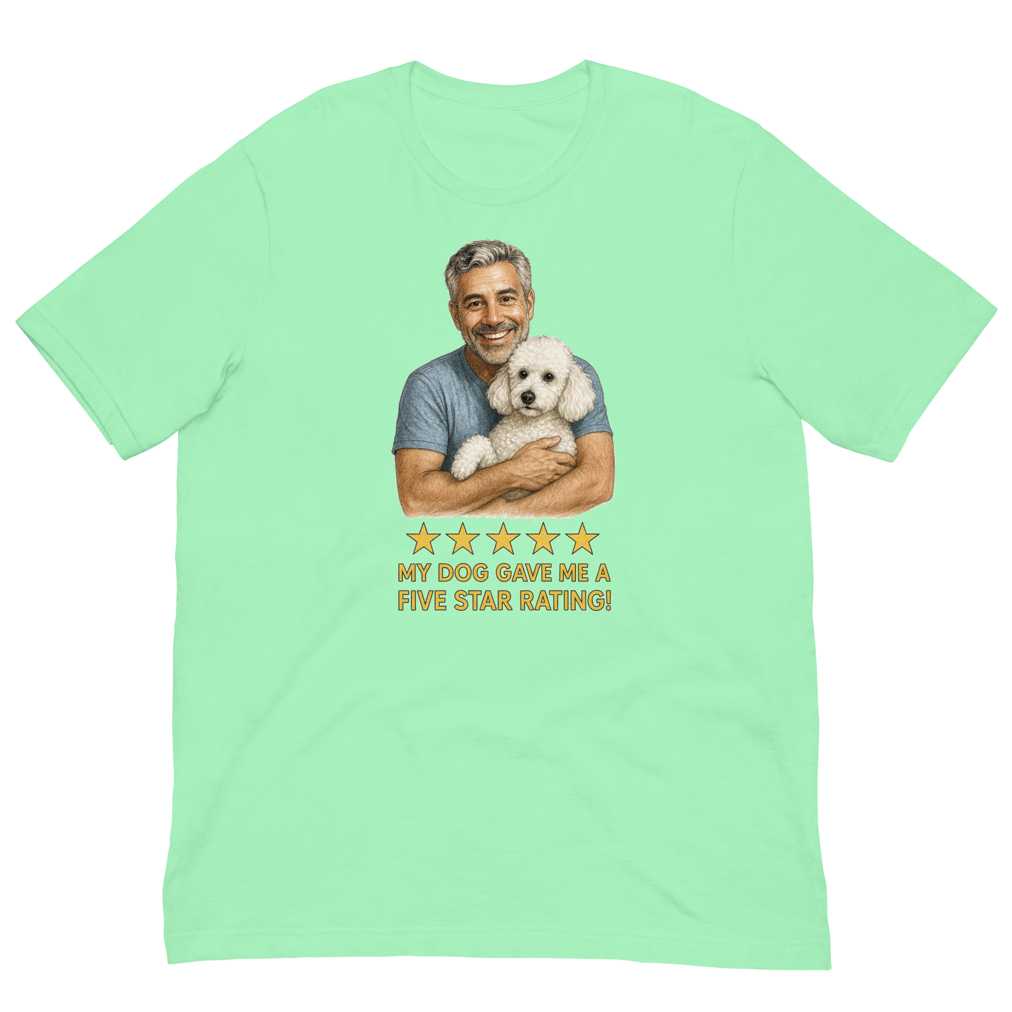 Salt & Pepper Man with White Poodle graphic tee.