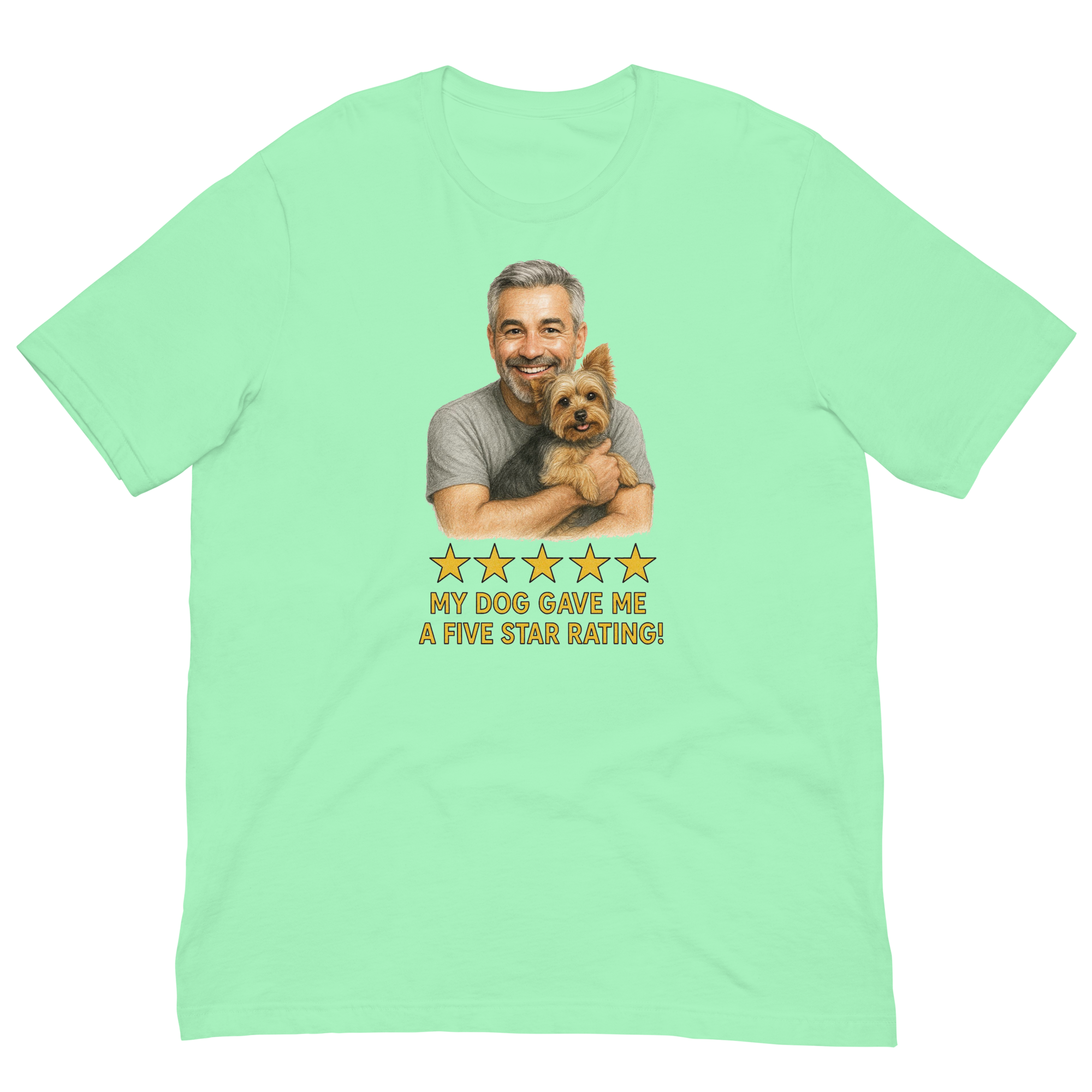 Salt & Pepper Man with Yorkie graphic tee.