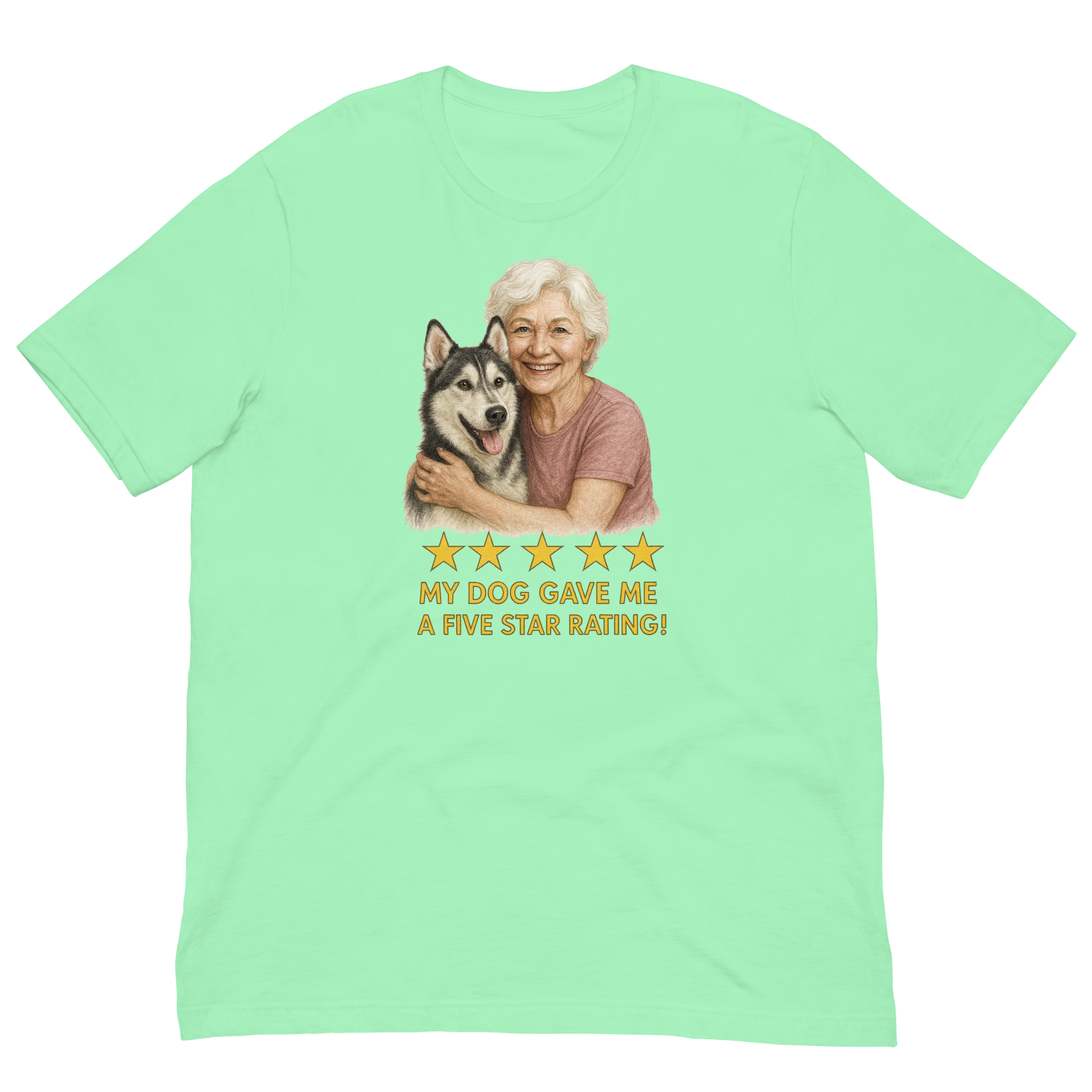 White Hair Woman with Alaskan Husky graphic tee.