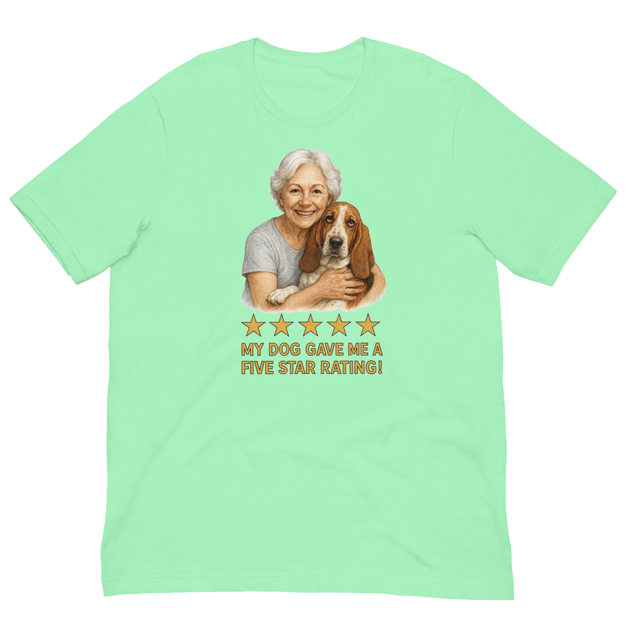 White Hair Woman with Basset Hound graphic tee.