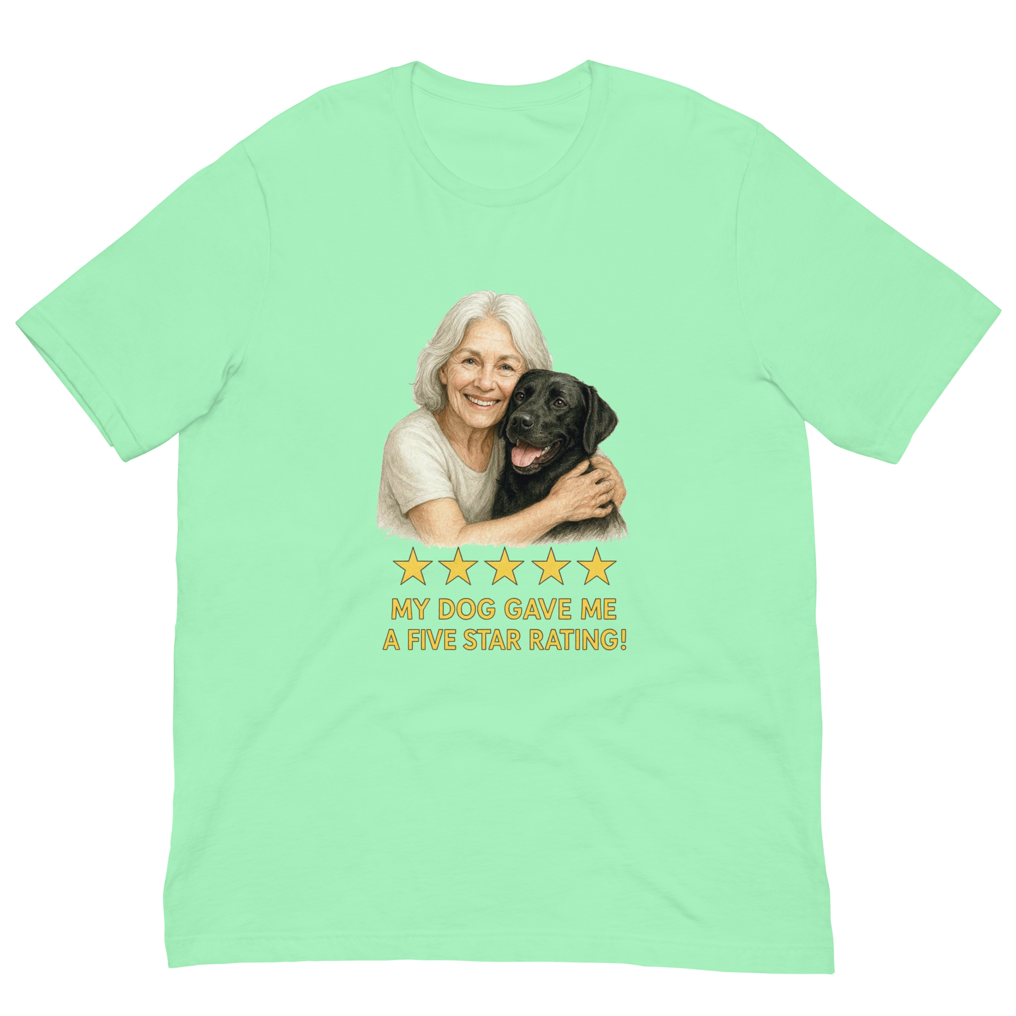 White Hair Woman with Black Labrador graphic tee.