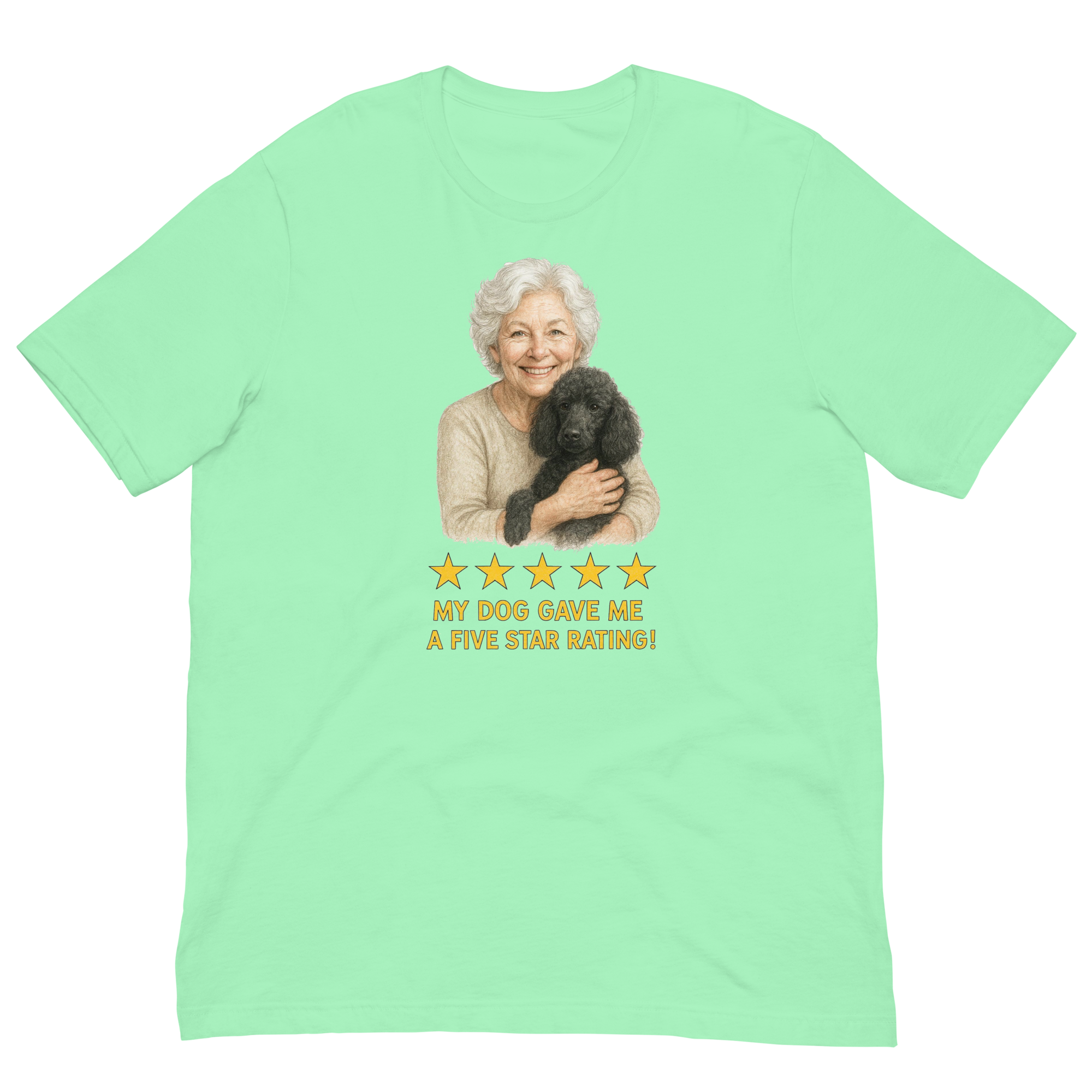 White Hair Woman with Black Poodle graphic tee.