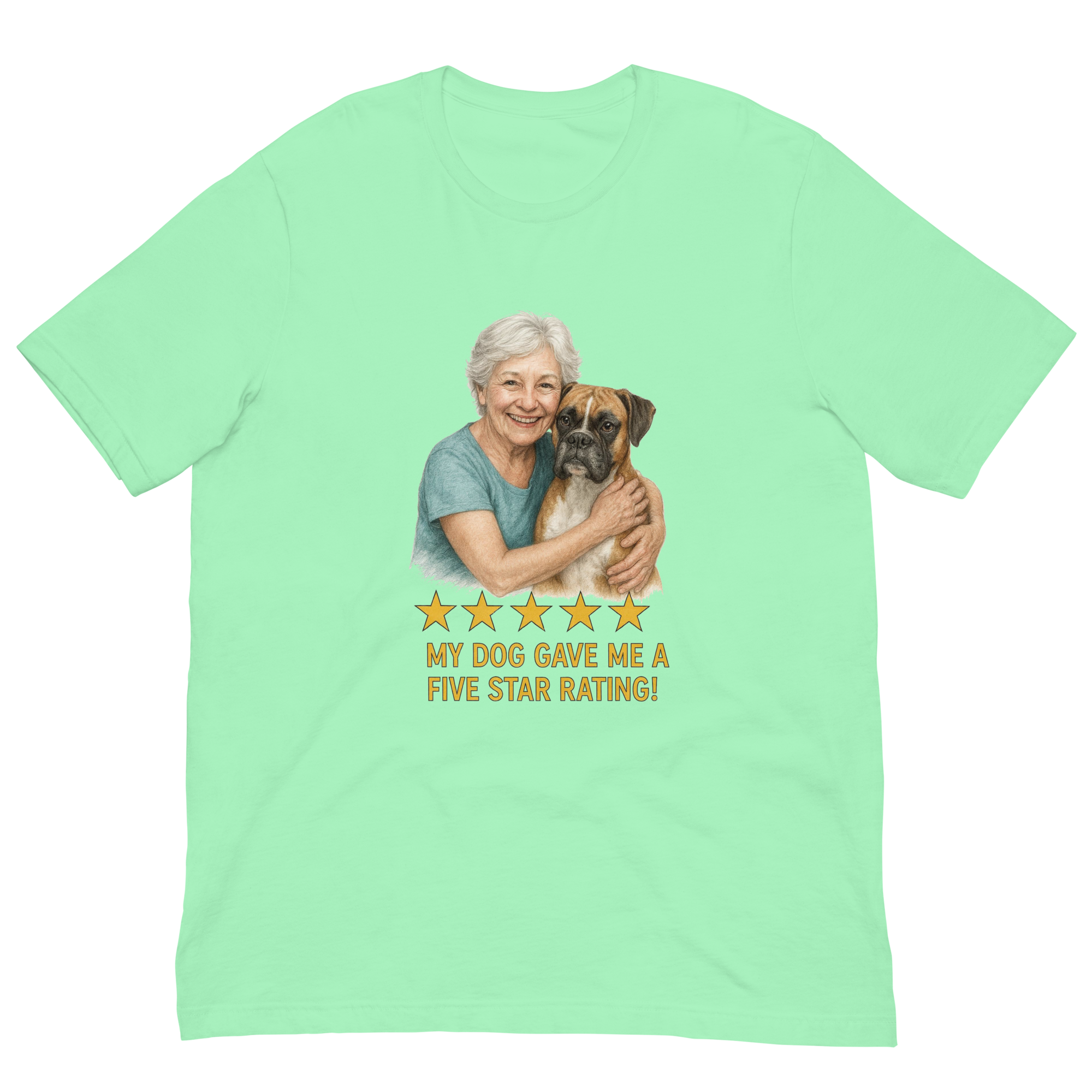 White Hair Woman with Boxer graphic tee.