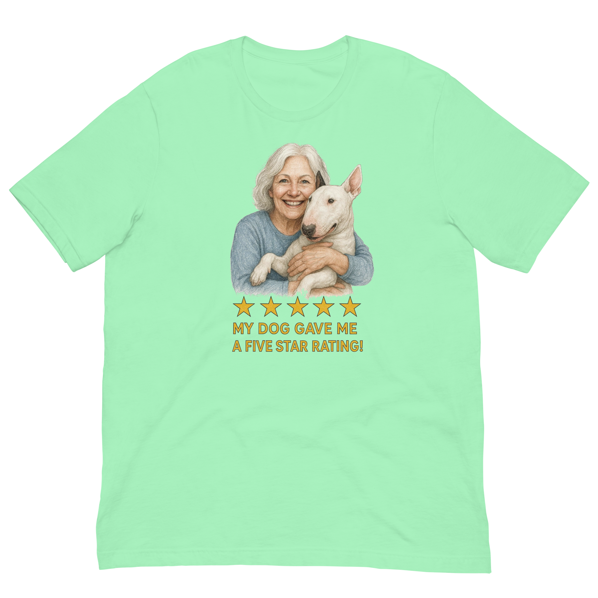 White Hair Woman with Bull Terrier graphic tee.