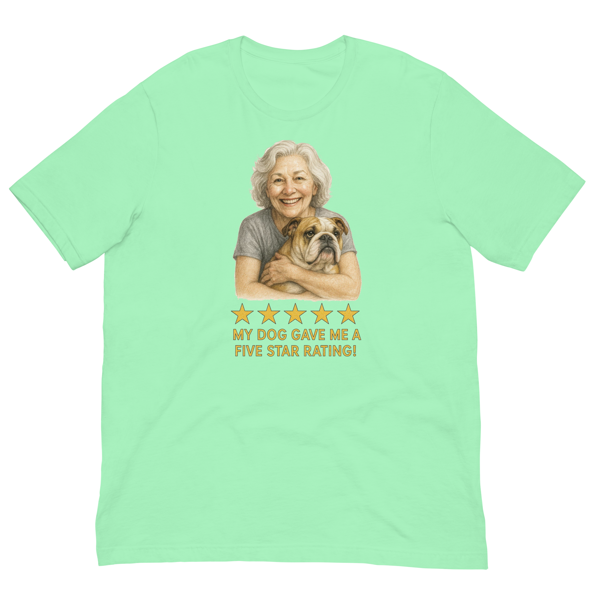 White Hair Woman with Bulldog graphic tee.