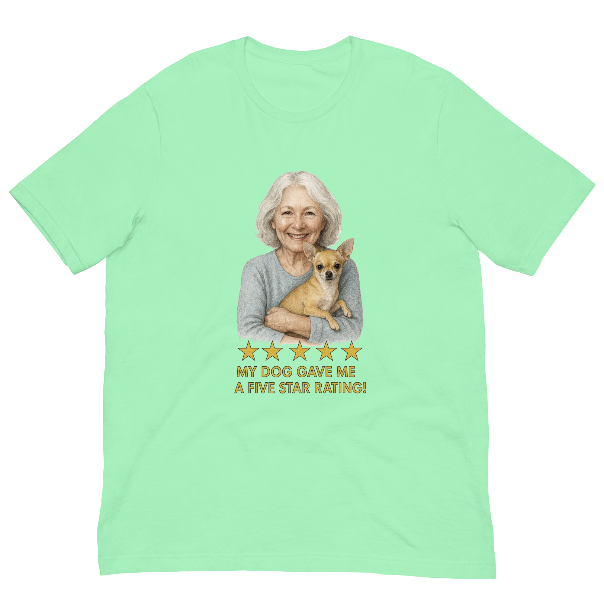 White Hair Woman with Chihuahua graphic tee.