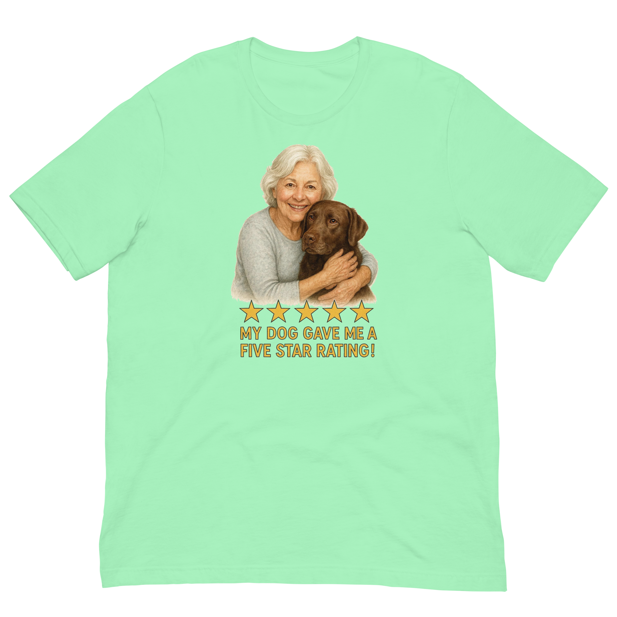 White Hair Woman with Chocolate Labrador graphic tee.