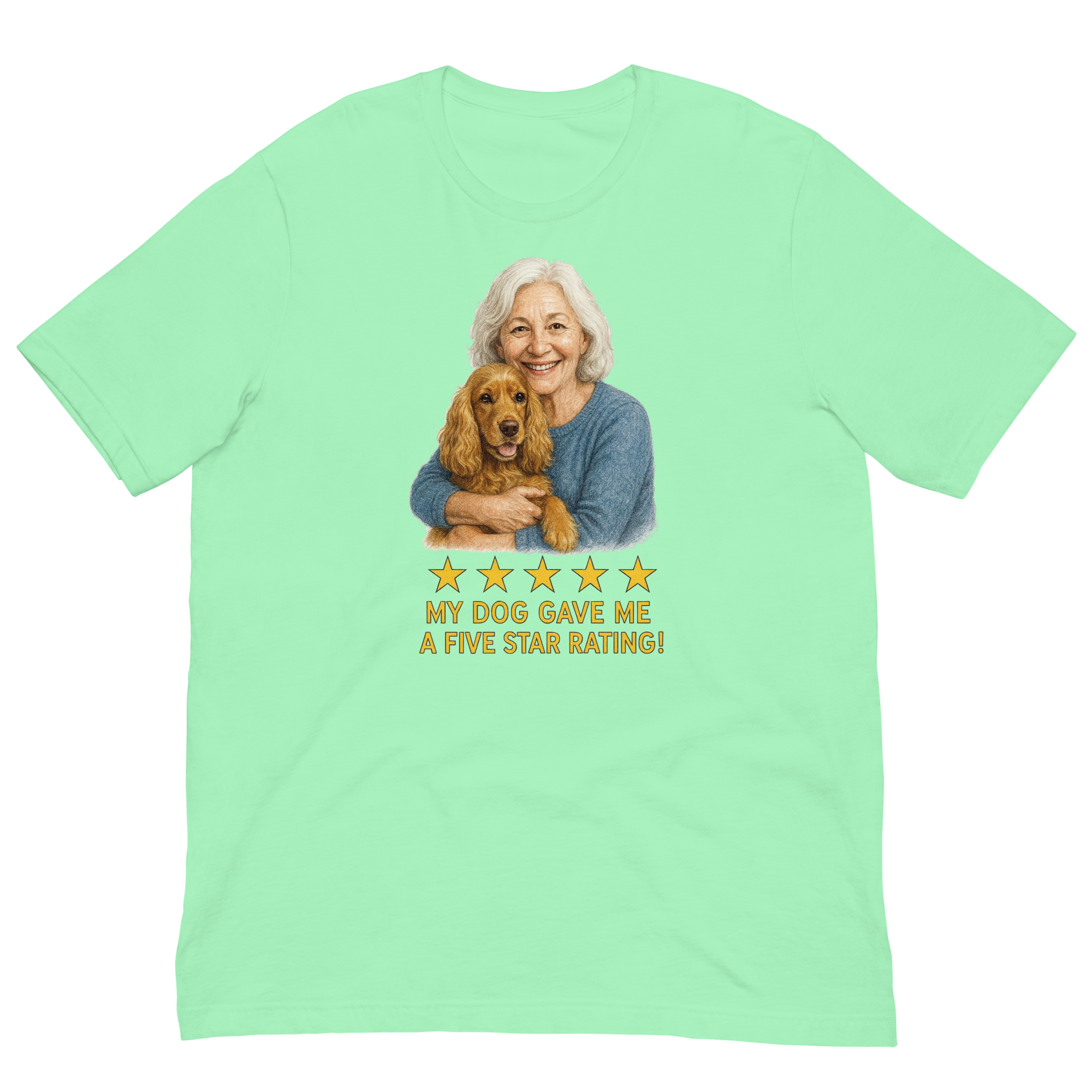White Hair Woman with Cocker Spaniel graphic tee.