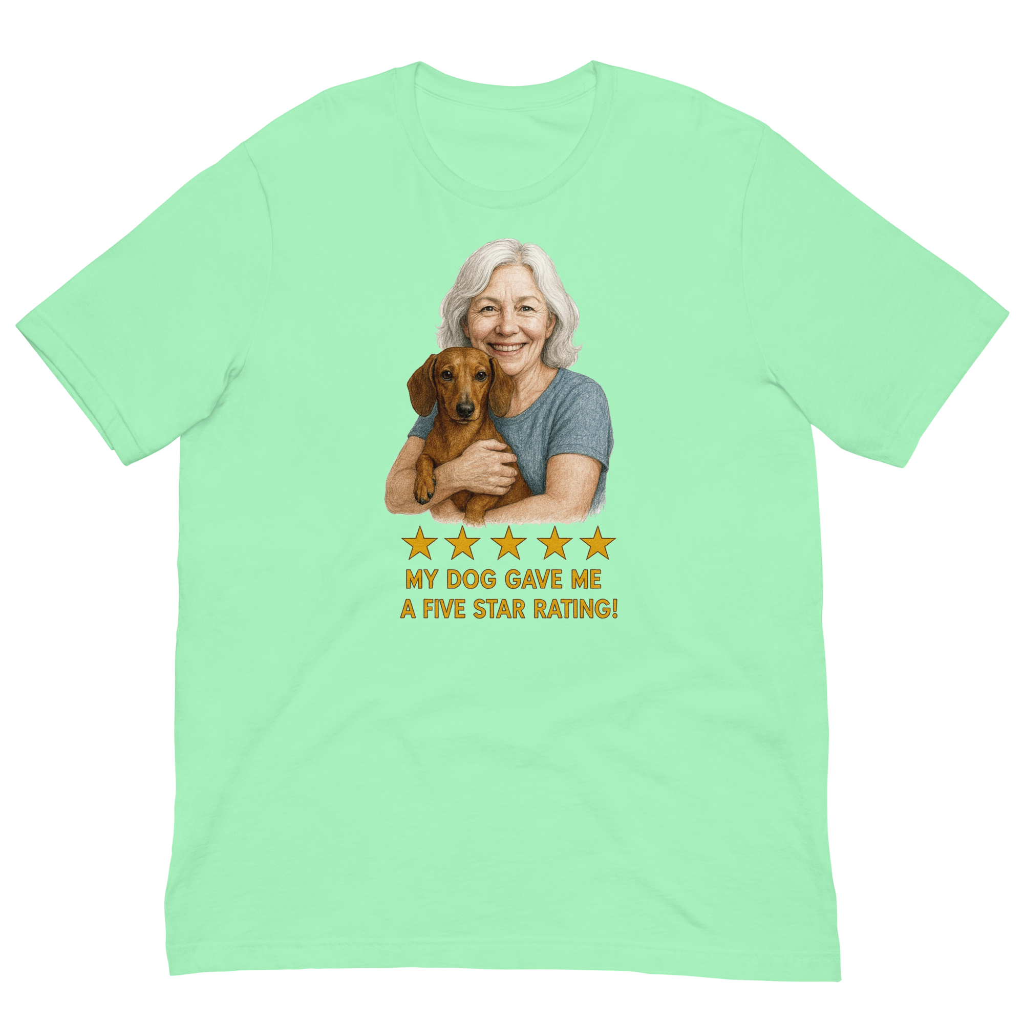 White Hair Woman with Dachshund graphic tee.