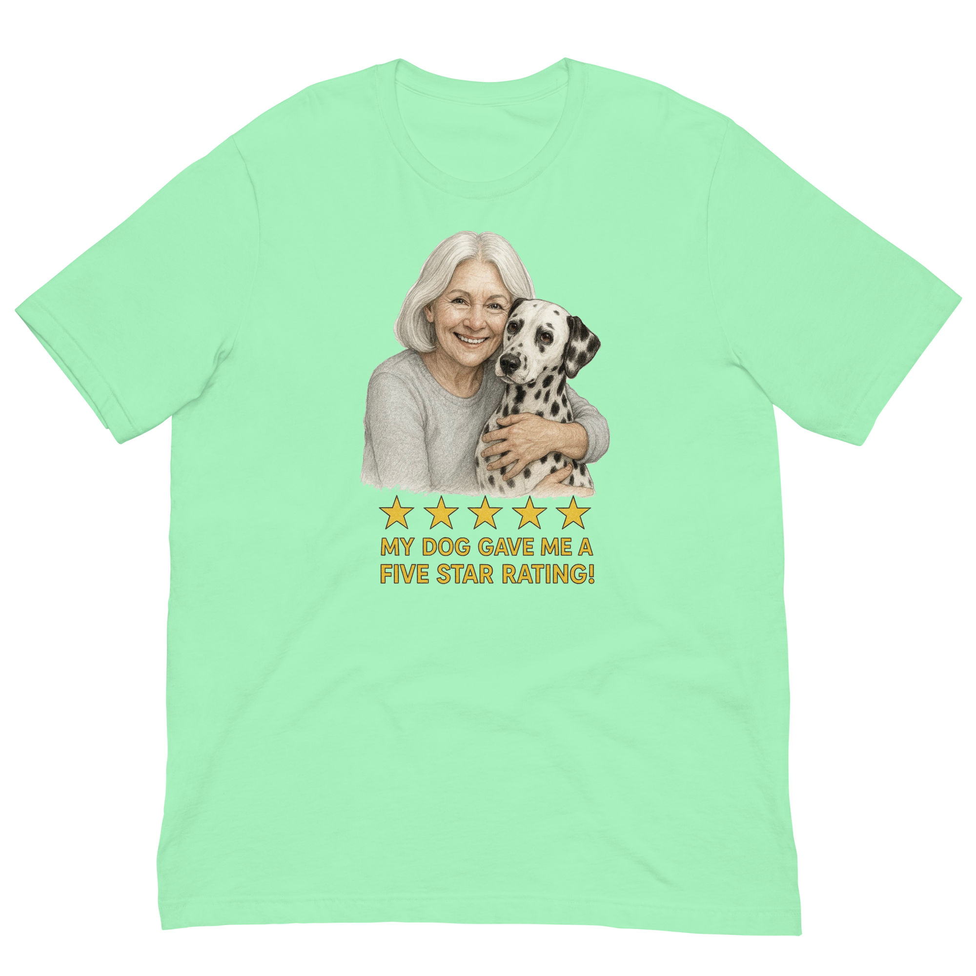 White Hair Woman with Dalmatian graphic tee.