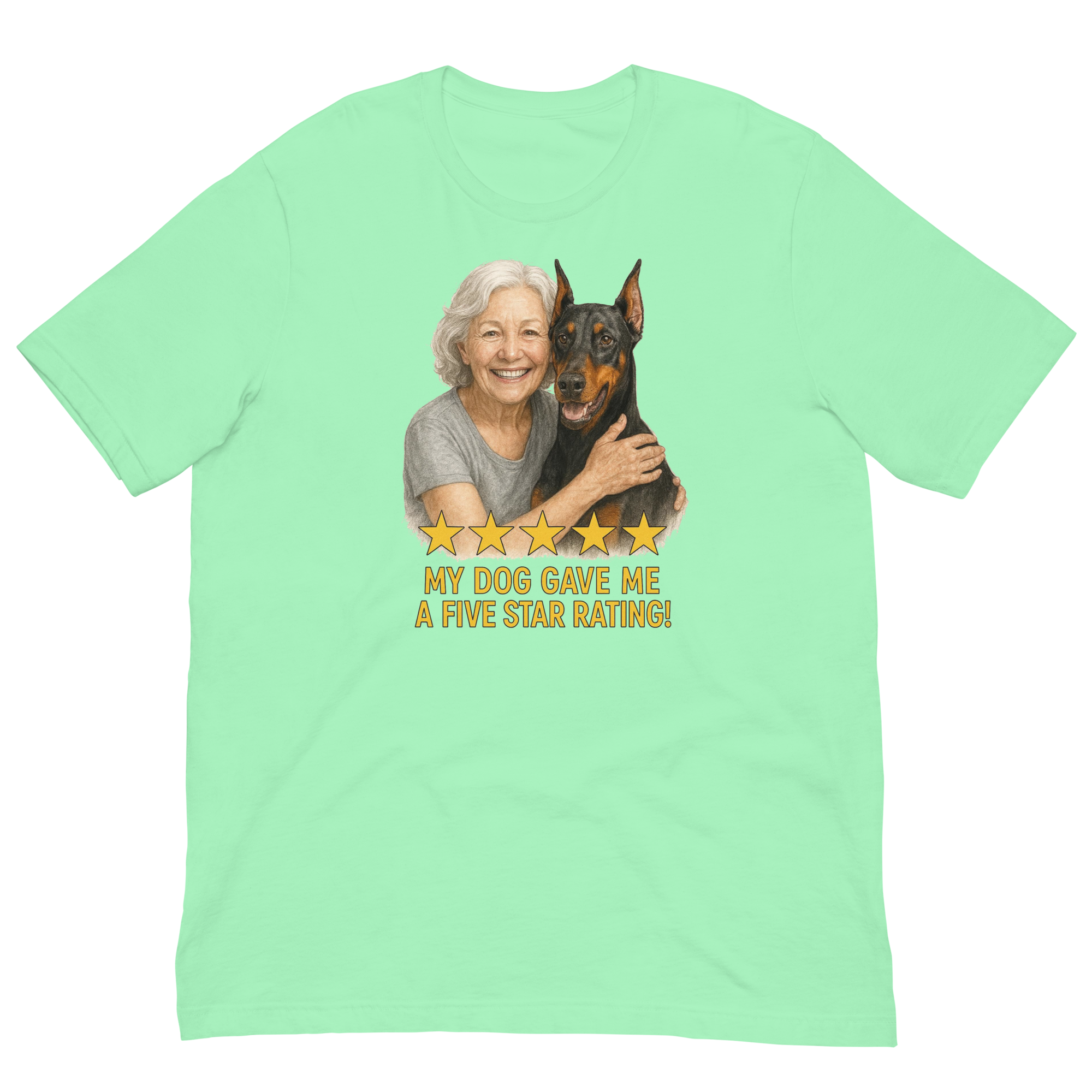 White Hair Woman with Doberman Pinscher graphic tee.